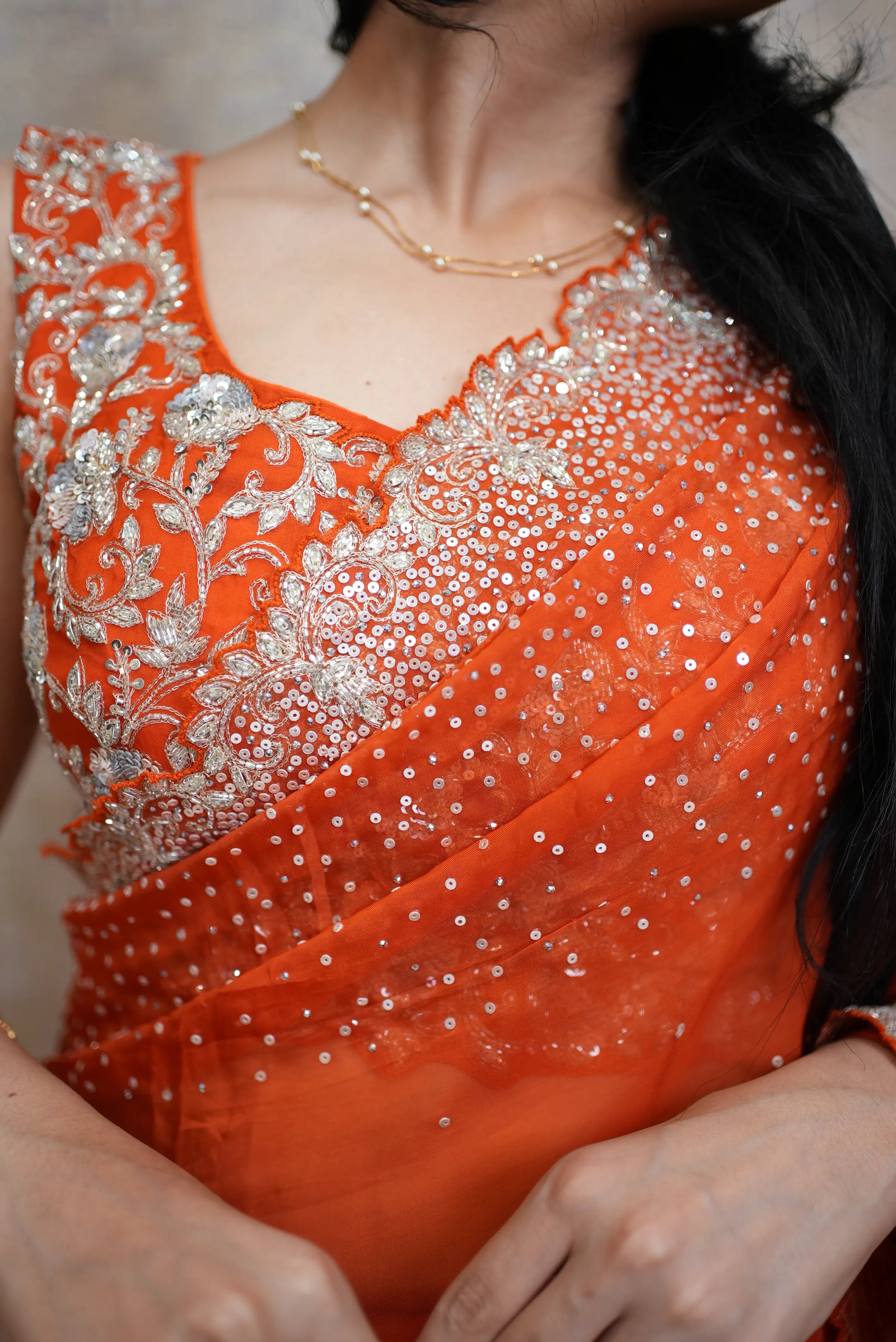 Kosmic Orange Stitched Blouse Kolkata Handwork Saree