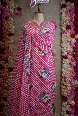 PURE COTTON LEHERIYA 3-PIECE SUIT WITH V-NECK EMBROIDERY WORK ##SP084