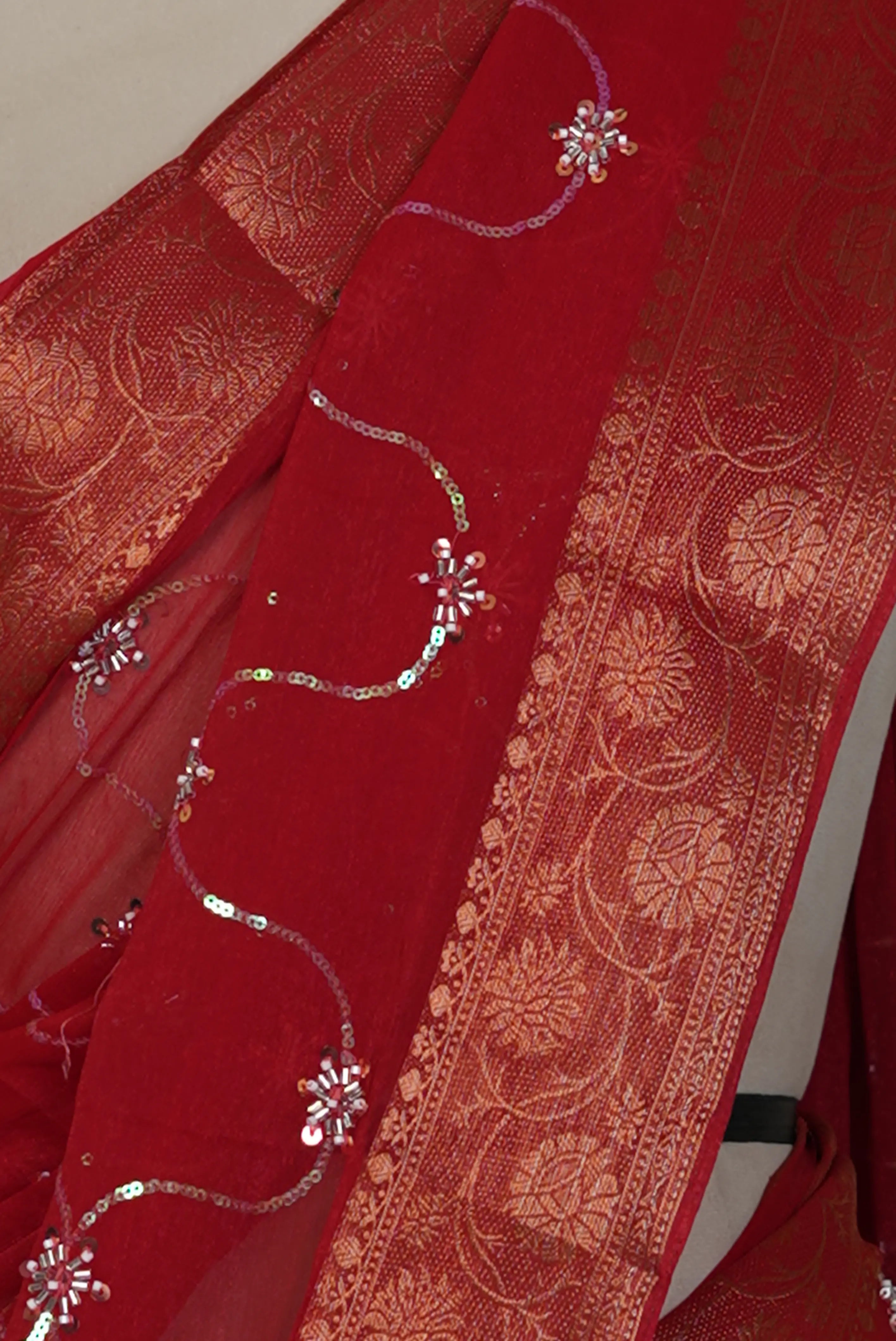 Shimmer Chiffon Saree with Zari & Cutdana Work (With Blouse)