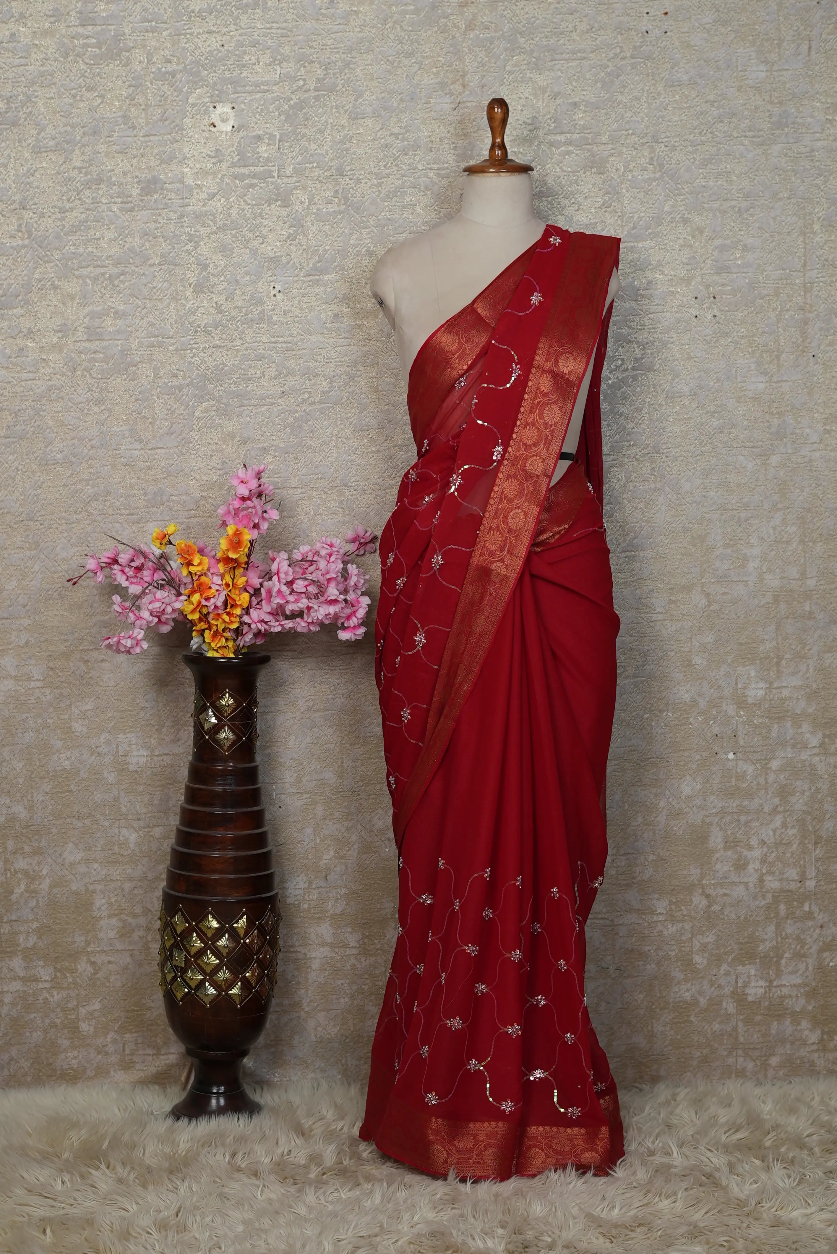 Shimmer Chiffon Saree with Zari & Cutdana Work (With Blouse)