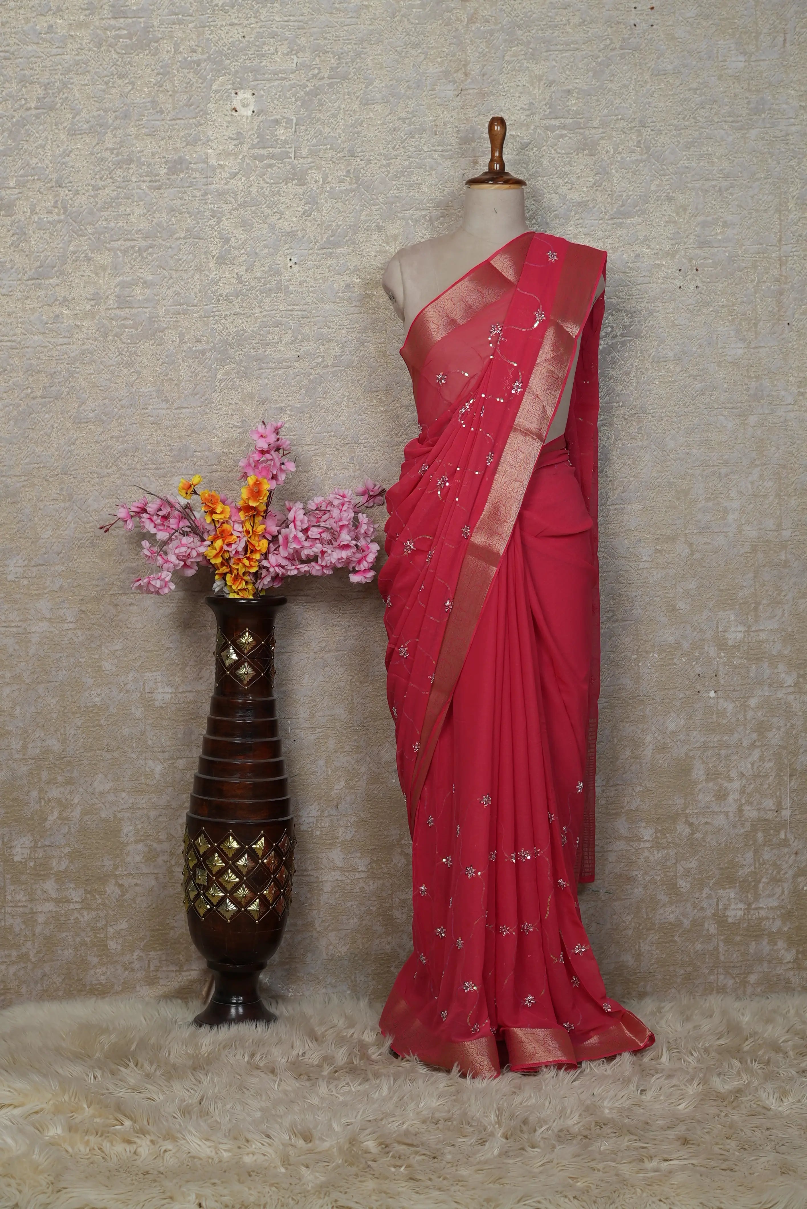 Shimmer Chiffon Saree with Zari & Cutdana Work (With Blouse)