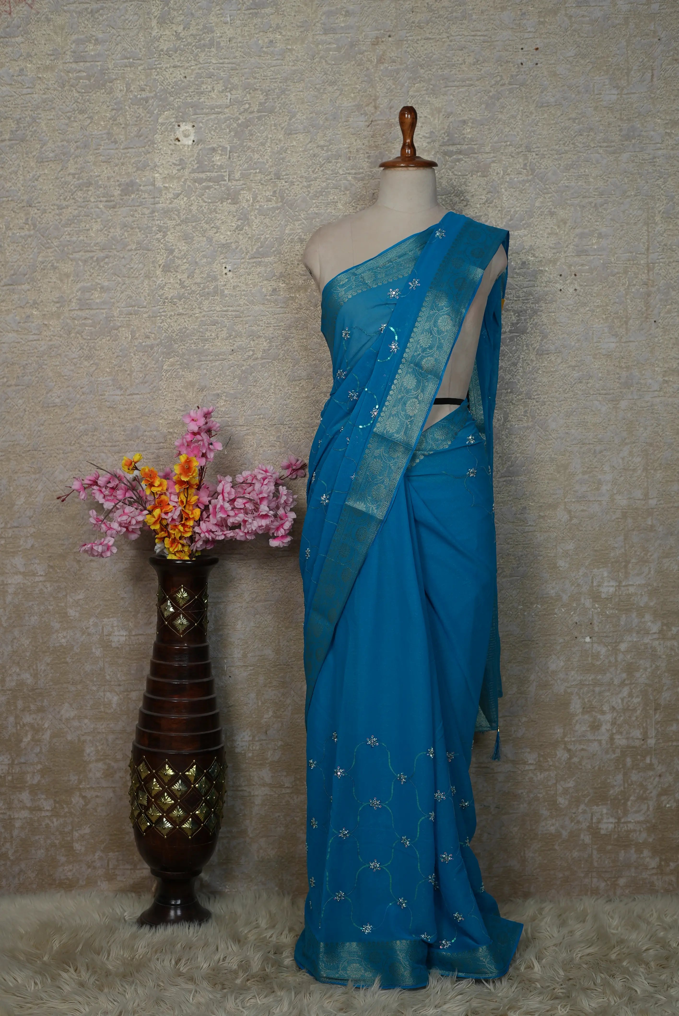 Shimmer Chiffon Saree with Zari & Cutdana Work (With Blouse)