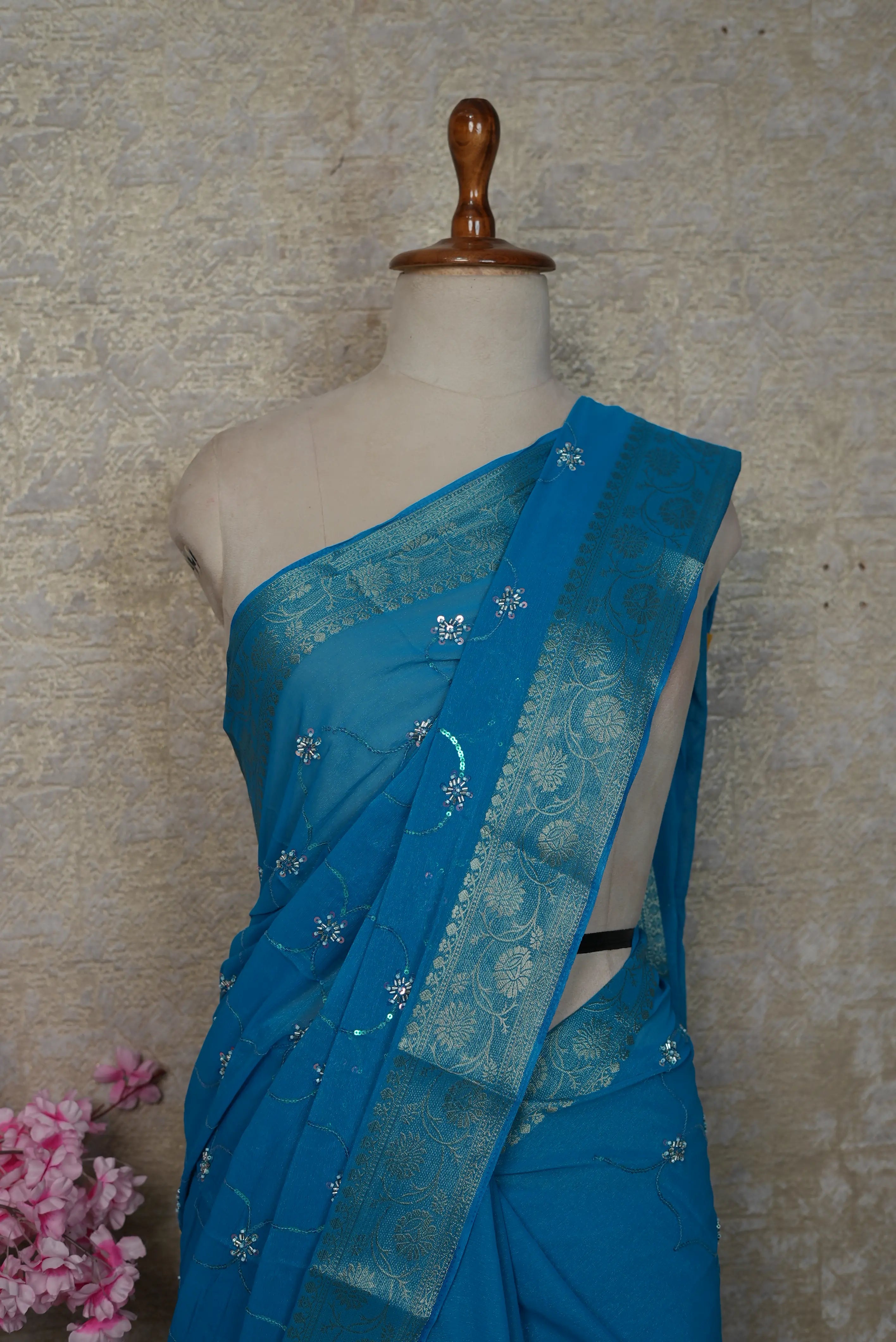 Shimmer Chiffon Saree with Zari & Cutdana Work (With Blouse)