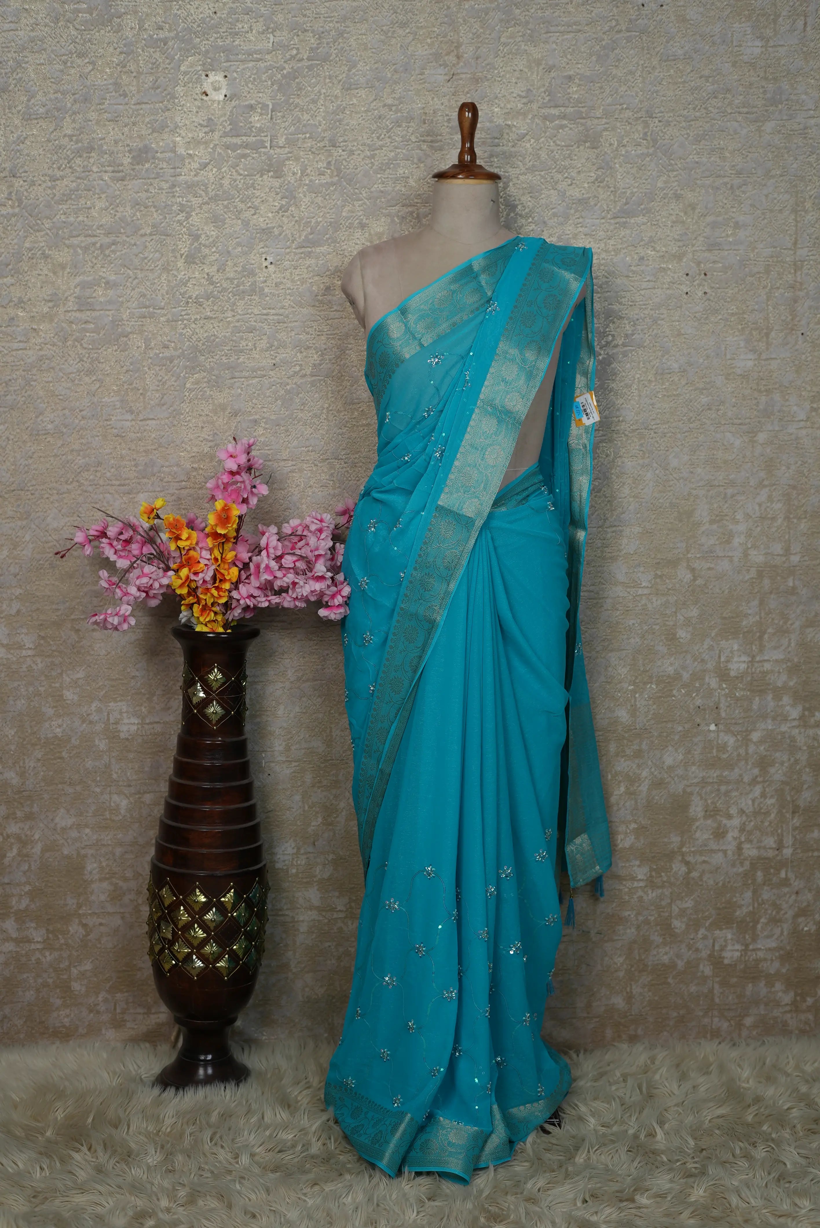 Shimmer Chiffon Saree with Zari & Cutdana Work (With Blouse)