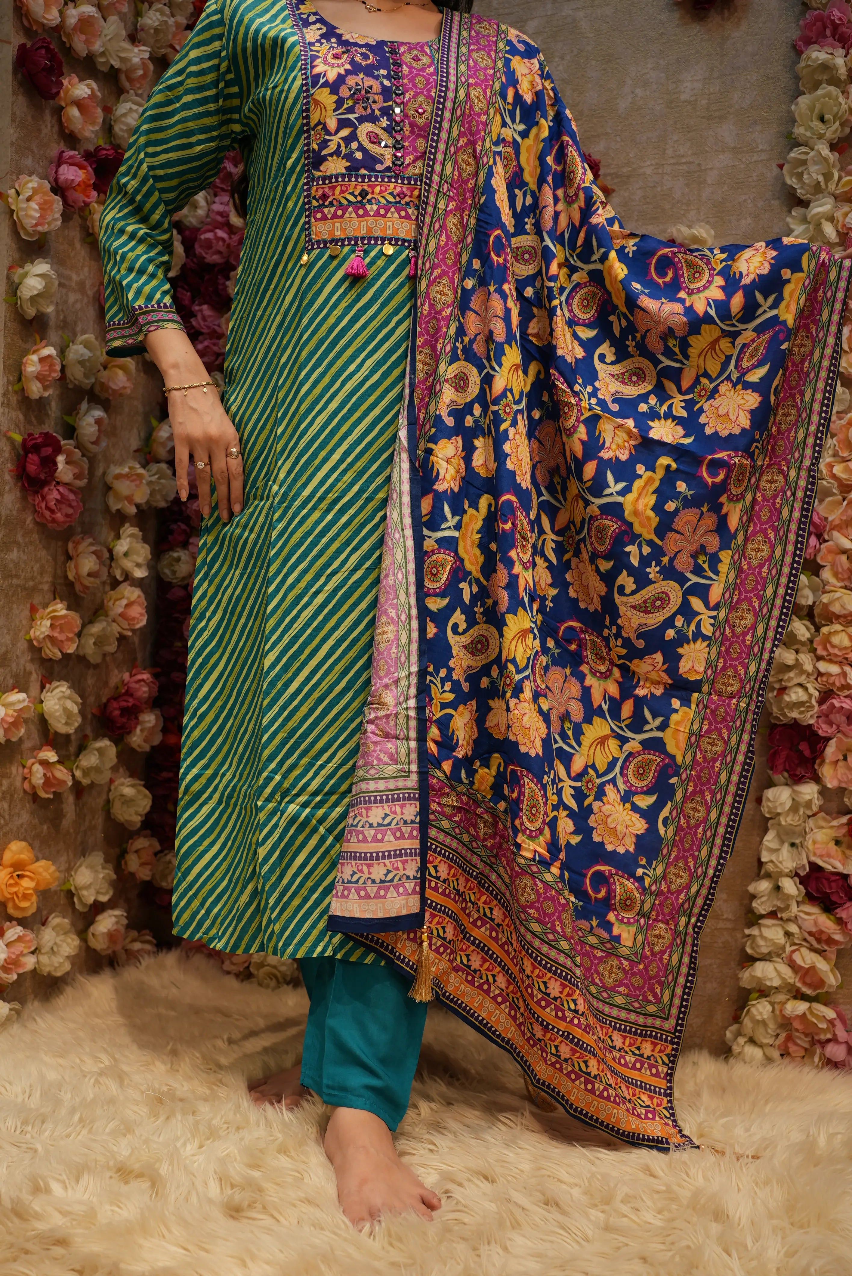LEHRIYA DESIGN 3 PCS. SUIT WITH MIRROR WORK & DUPPATA (WITH PANTS)