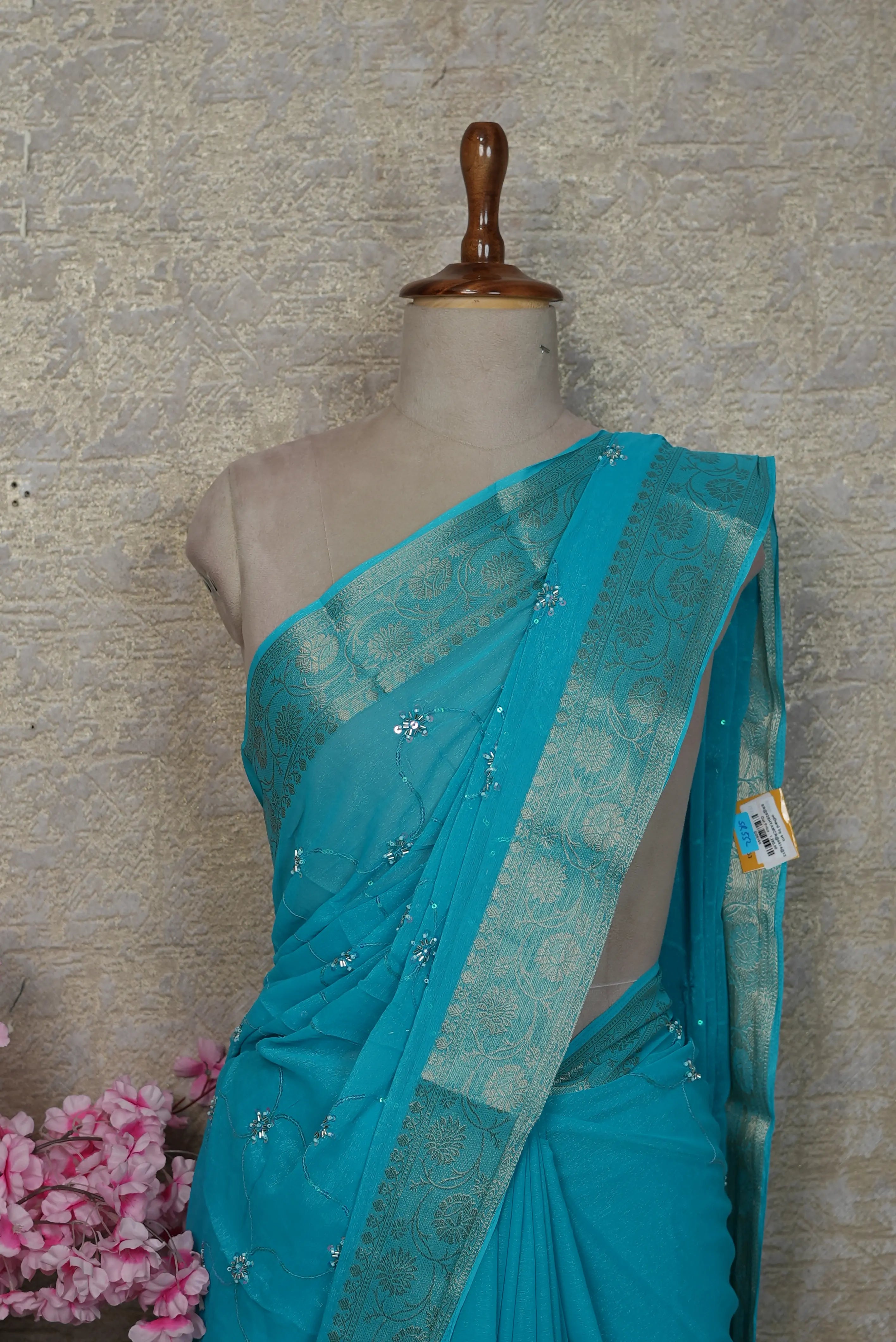 Shimmer Chiffon Saree with Zari & Cutdana Work (With Blouse)