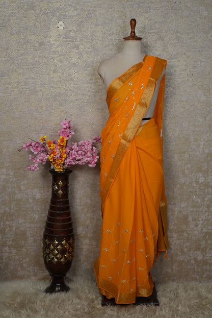 SHIMMER CHIFFON FABRIC SAREE WITH ZAKARD BORDER & ZARI BORDER A0ND CUTDANA WORK WITH JAAL PATTERN (WITH RUNING BLOUSE) ##SR552