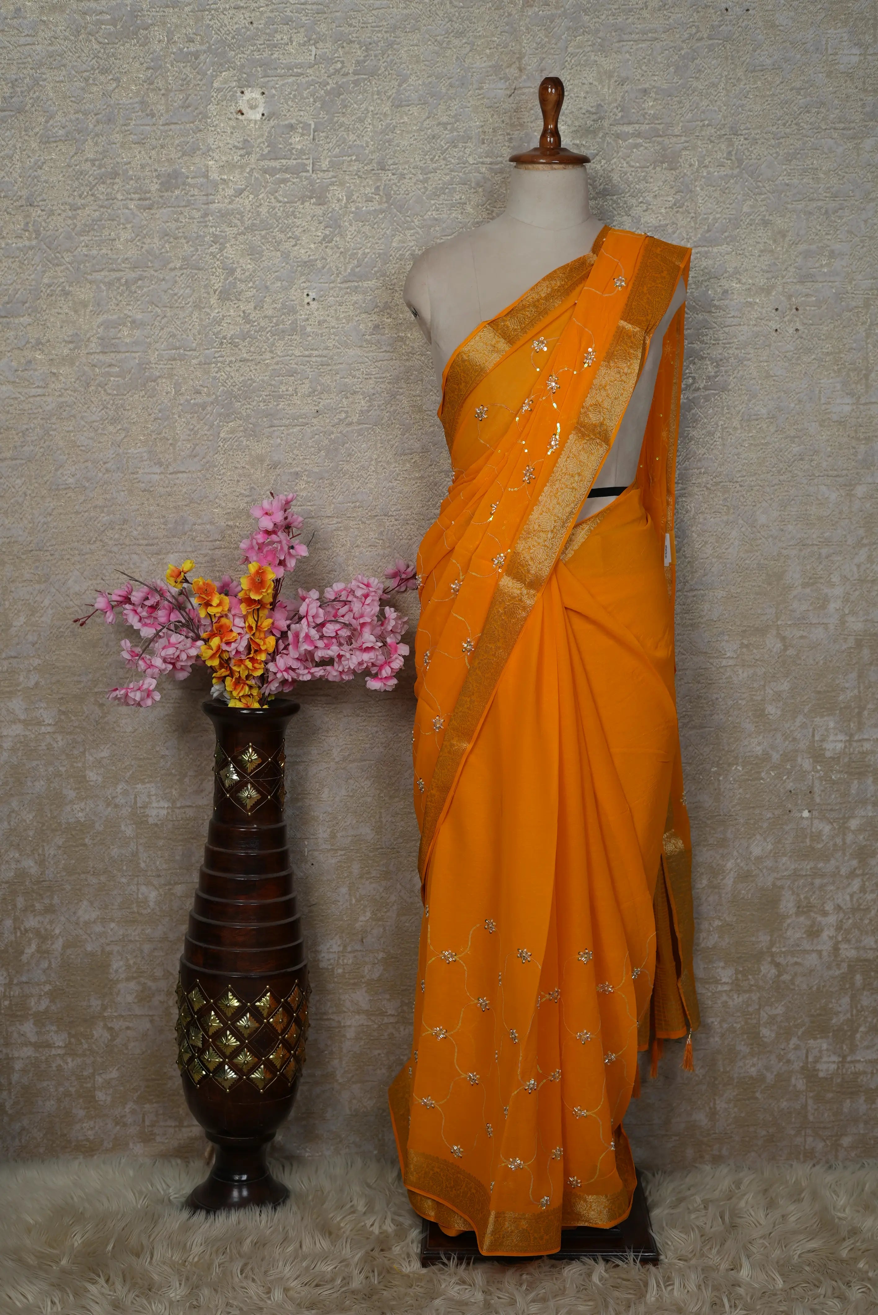 Shimmer Chiffon Saree with Zari & Cutdana Work (With Blouse)