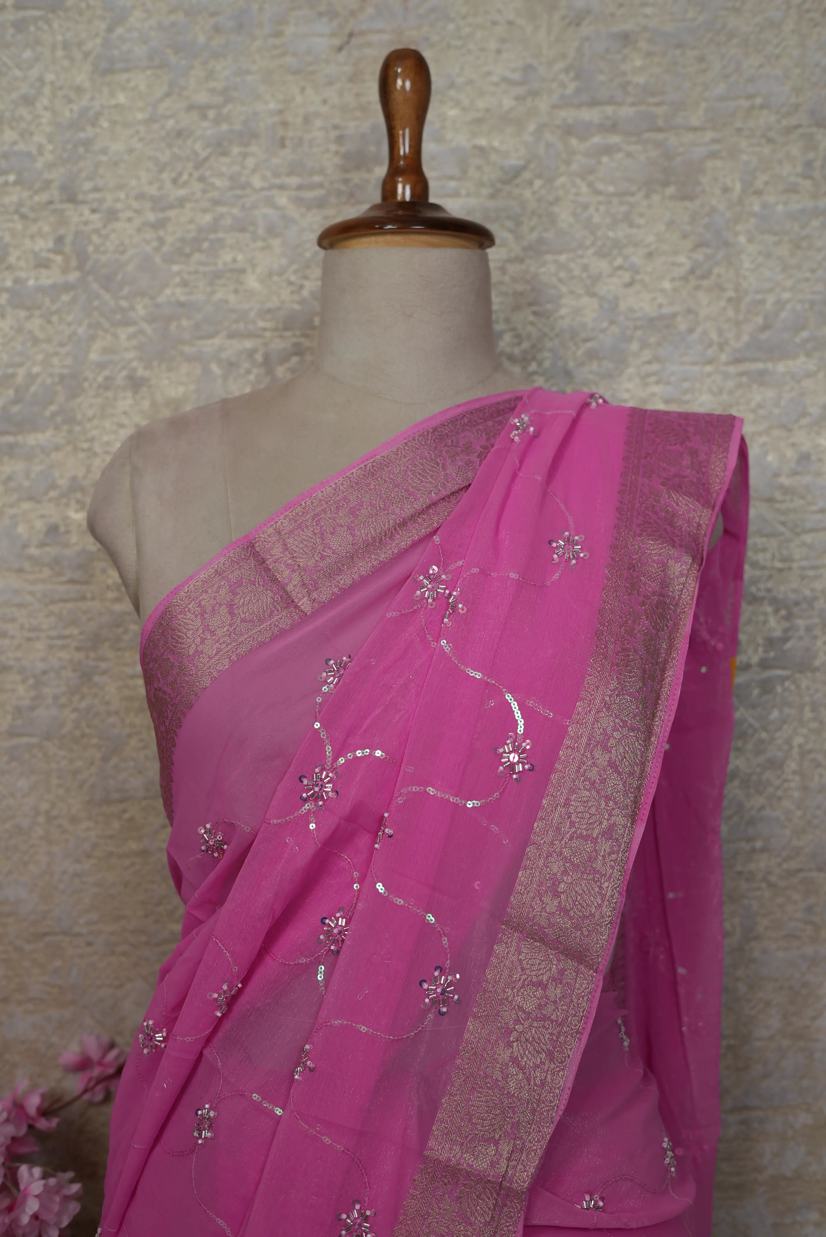 Shimmer Chiffon Saree with Zari & Cutdana Work (With Blouse)