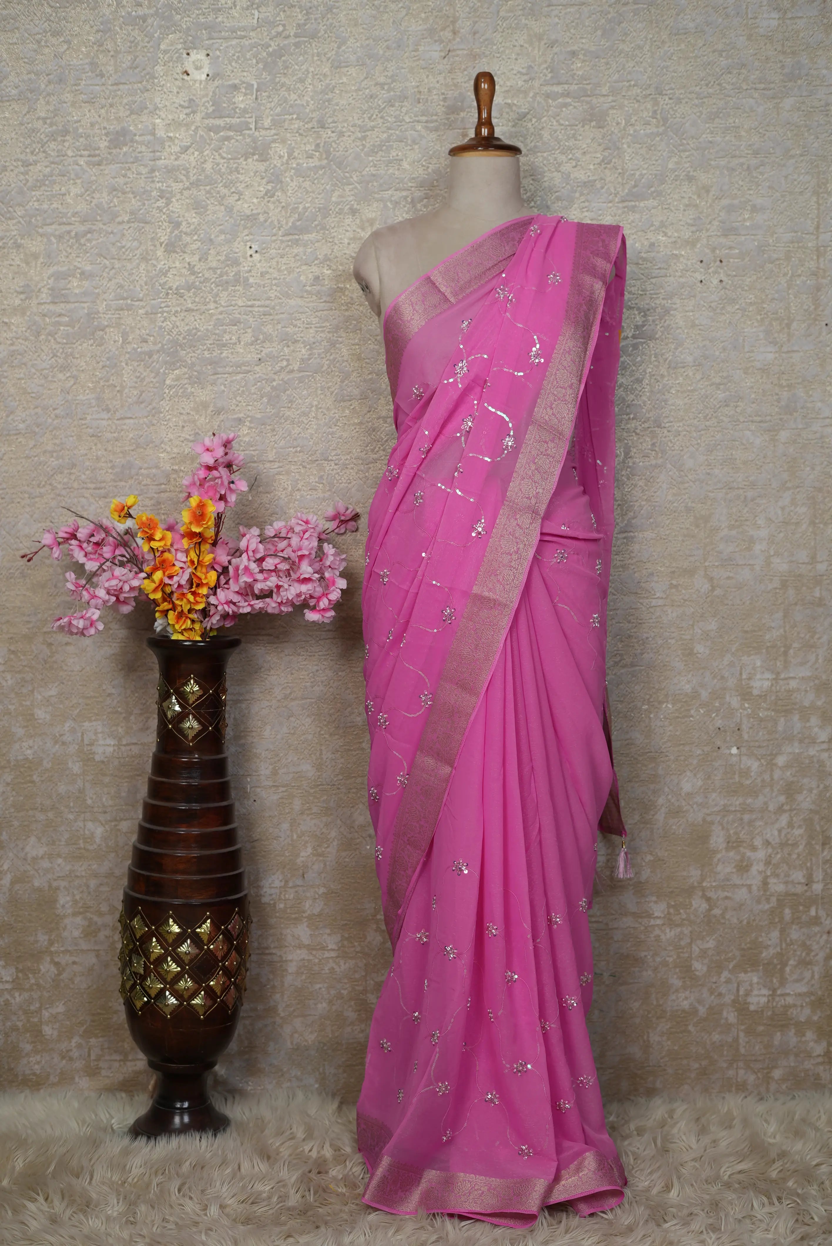Shimmer Chiffon Saree with Zari & Cutdana Work (With Blouse)