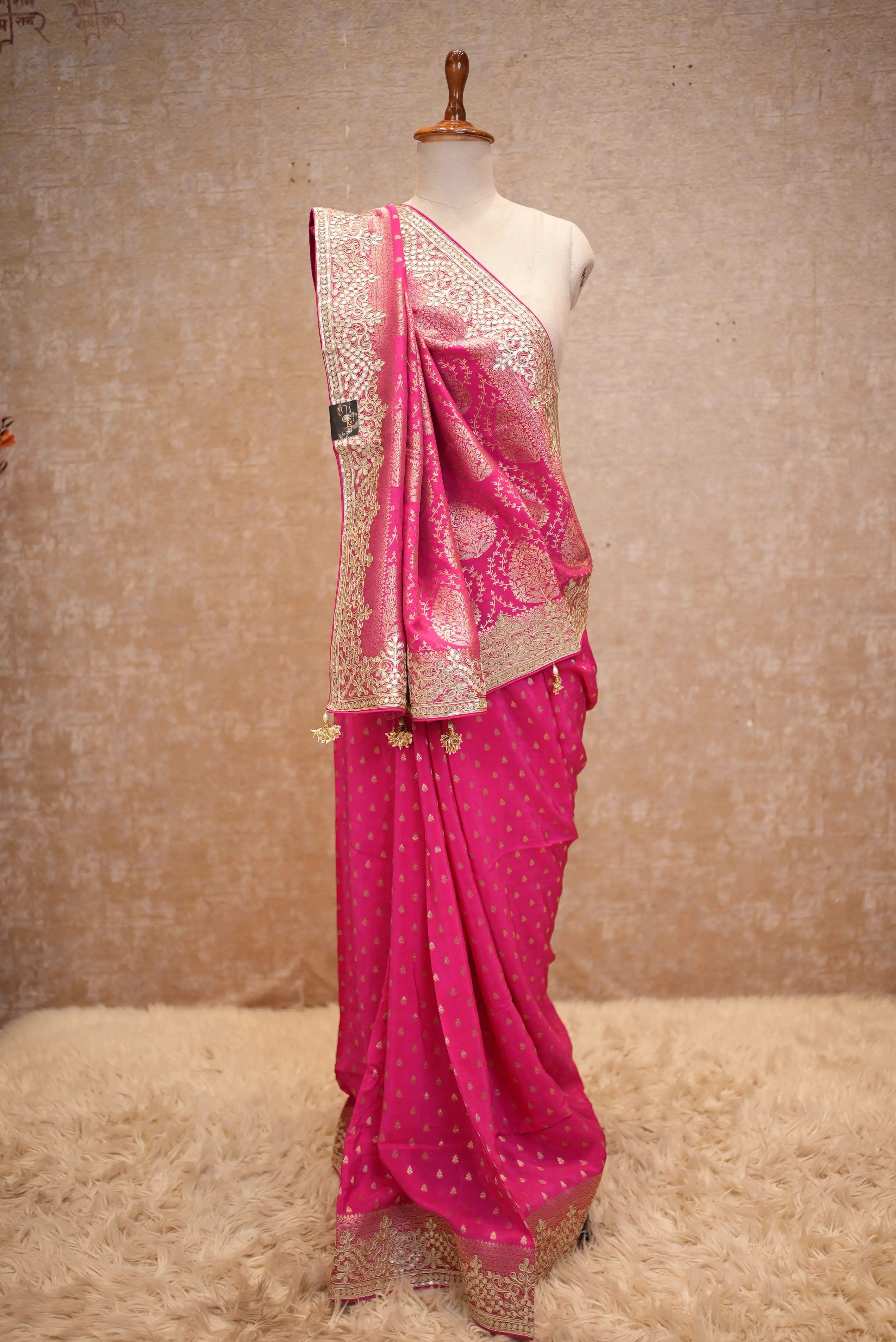 Elegant Pink Banarasi Style Saree with Rich Golden Zari Border