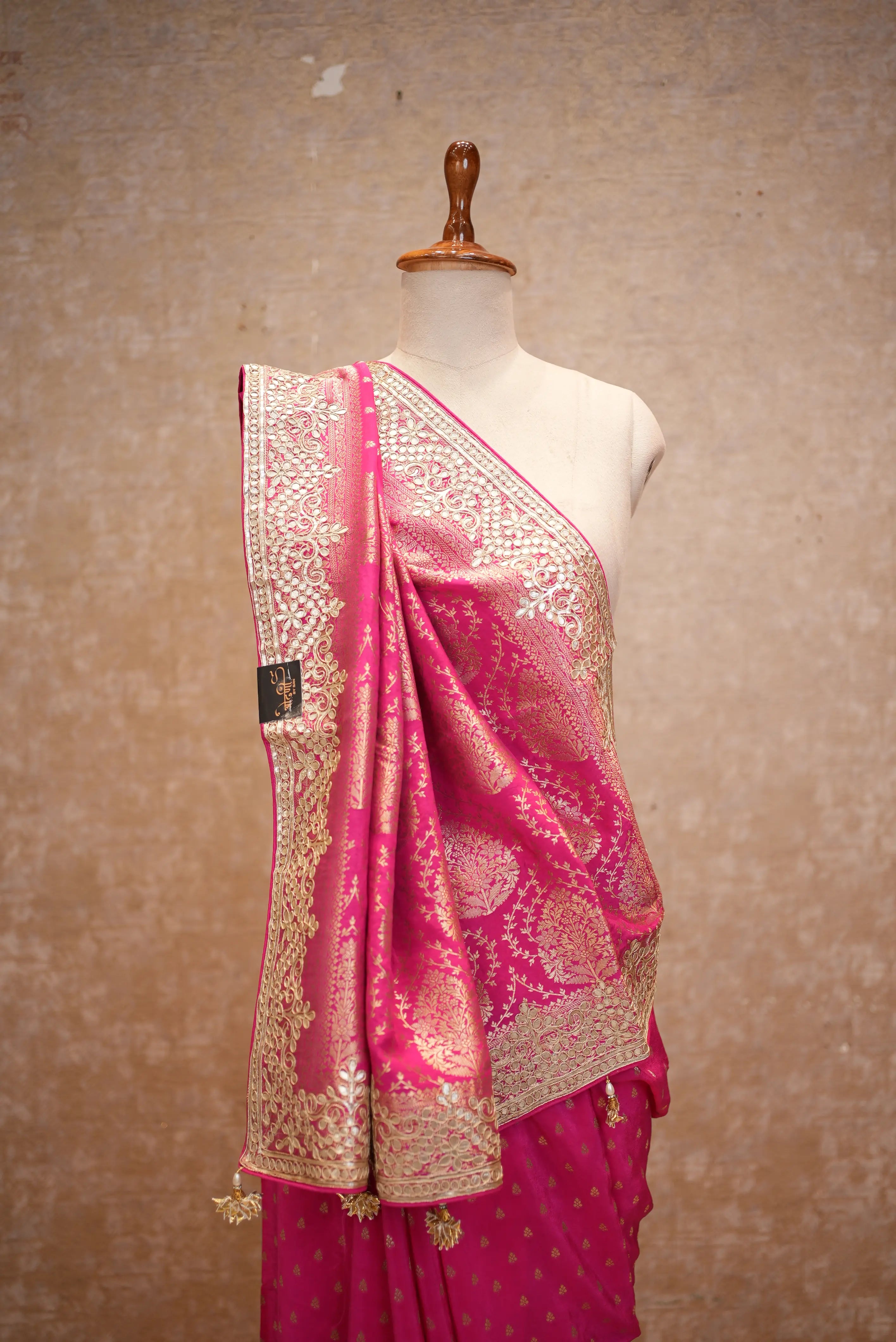 Elegant Pink Banarasi Style Saree with Rich Golden Zari Border
