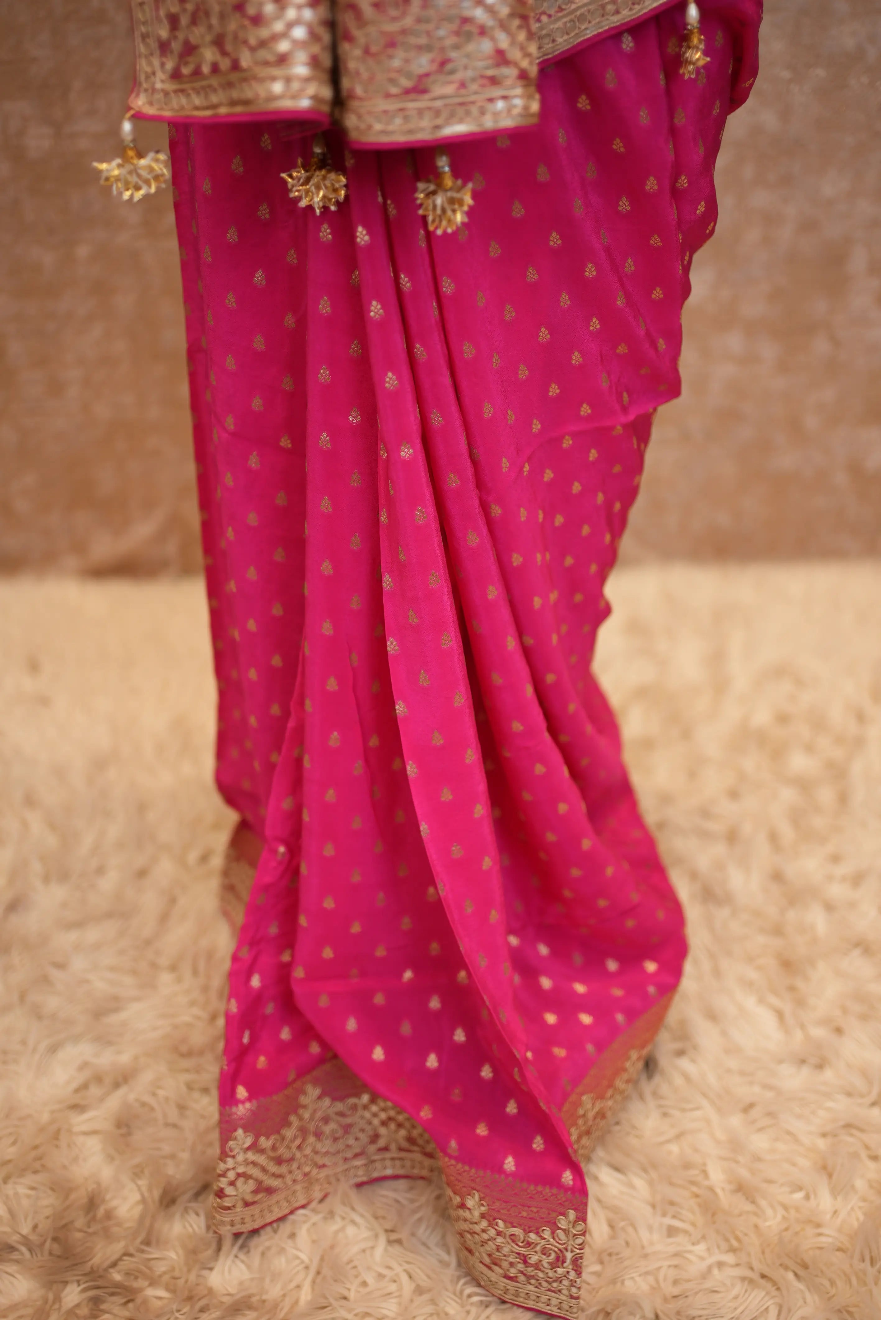 Elegant Pink Banarasi Style Saree with Rich Golden Zari Border