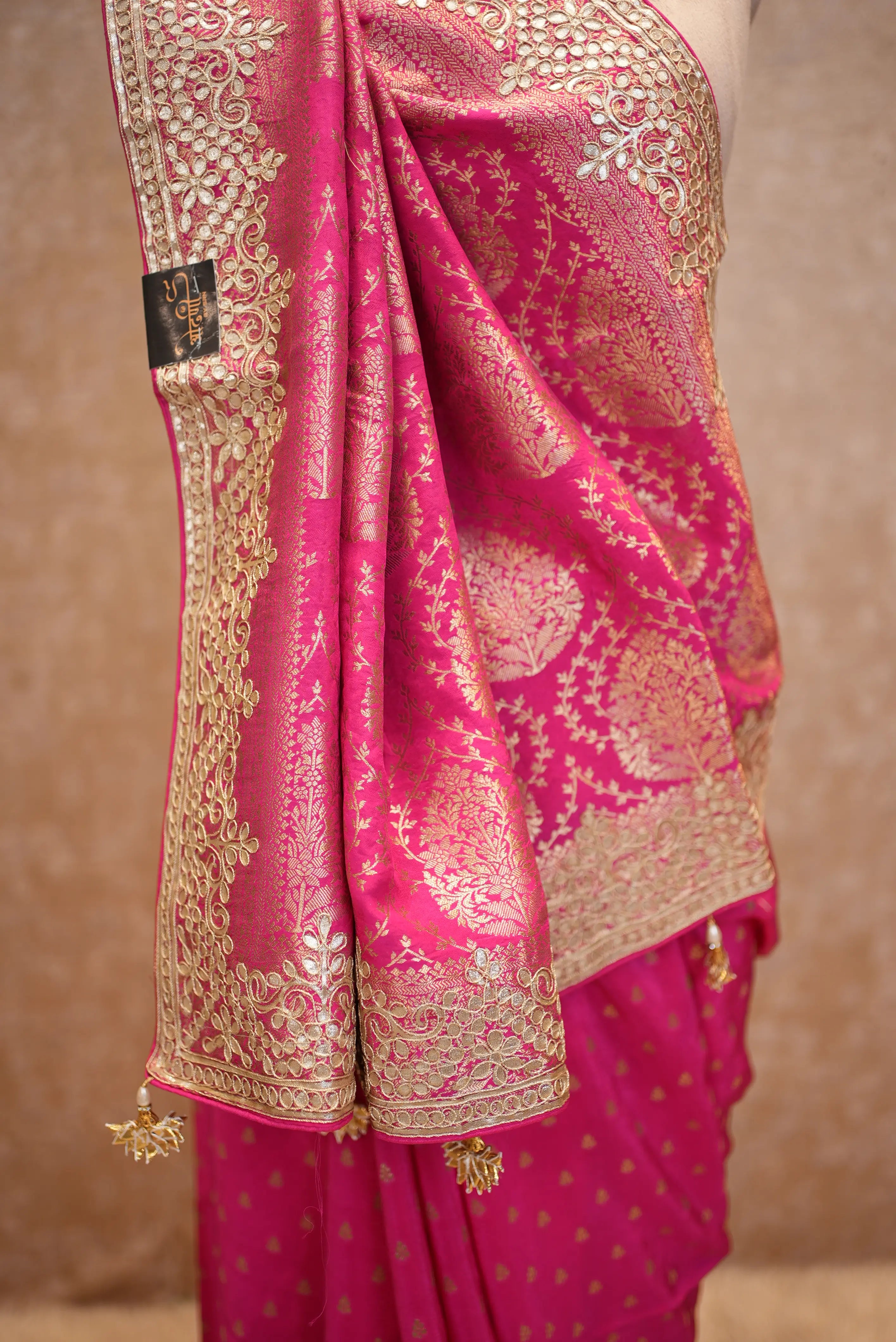 Elegant Pink Banarasi Style Saree with Rich Golden Zari Border