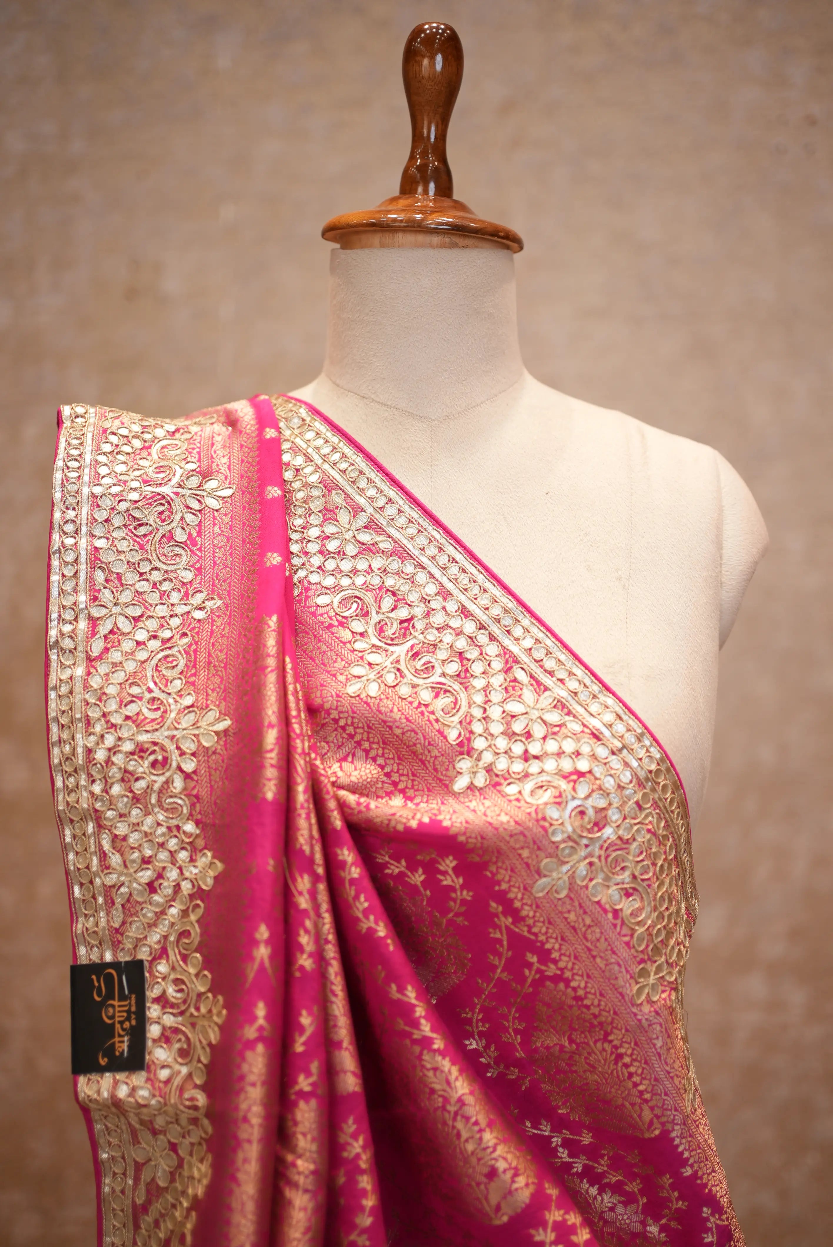 Elegant Pink Banarasi Style Saree with Rich Golden Zari Border
