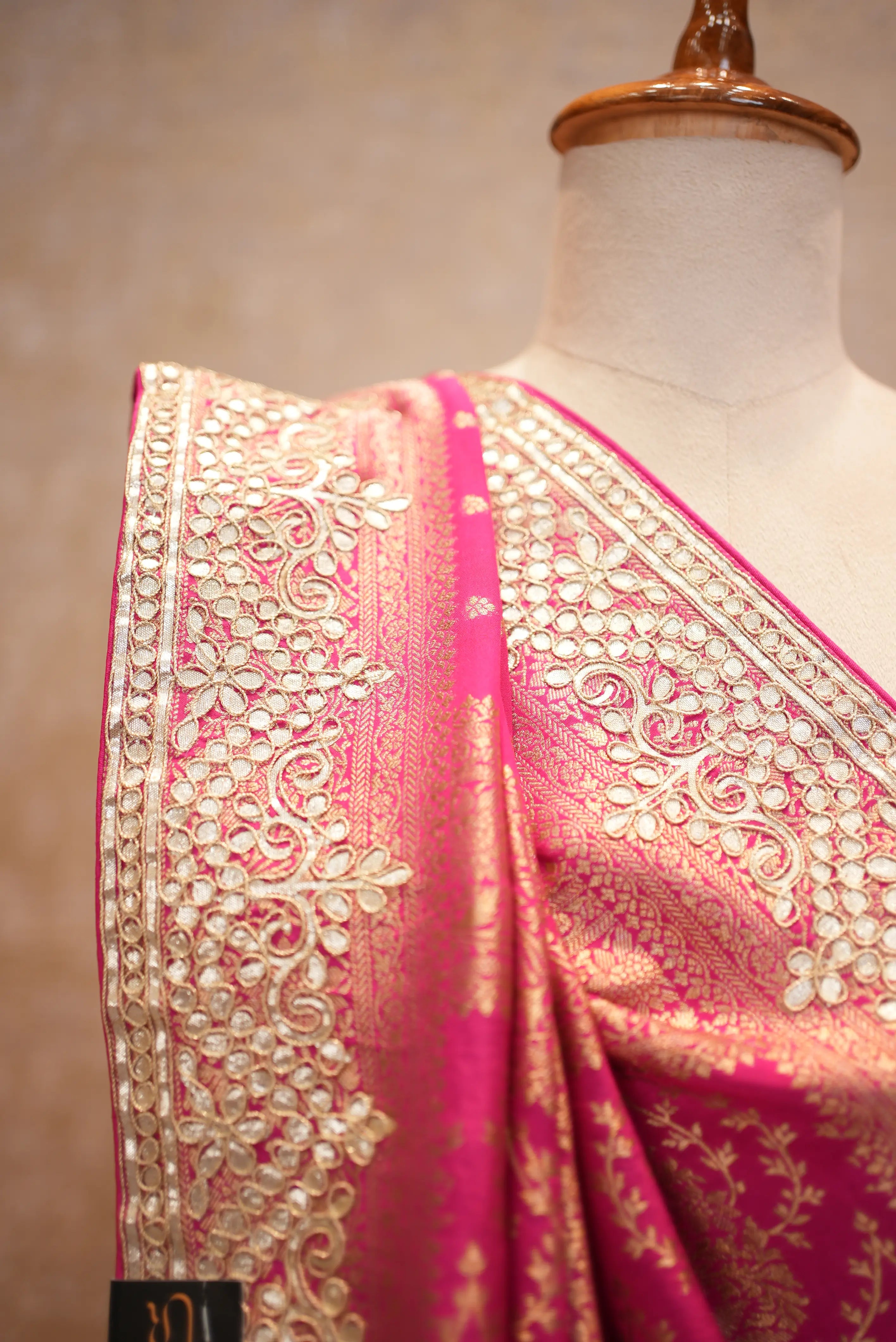 Elegant Pink Banarasi Style Saree with Rich Golden Zari Border