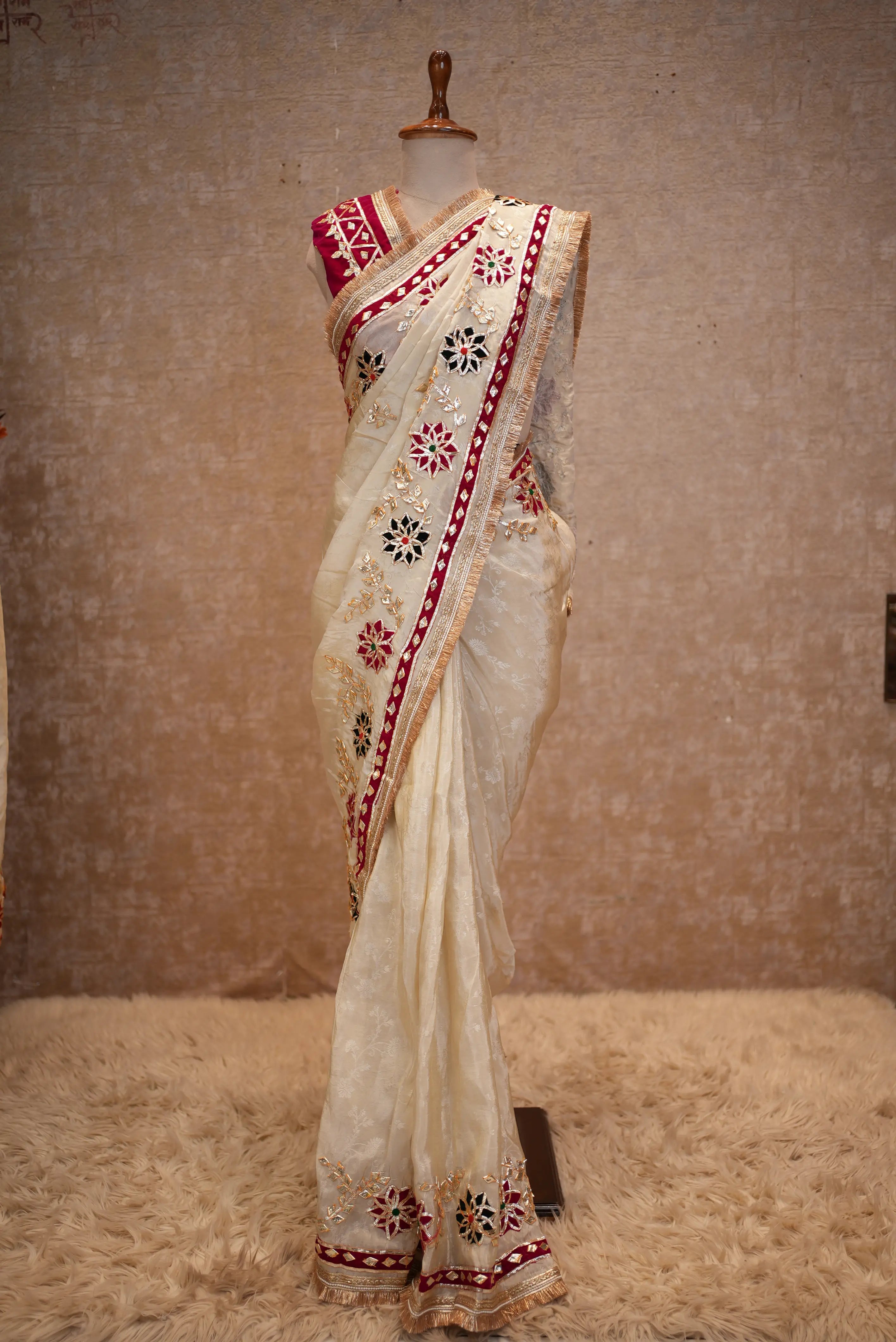 Tissue Silk Fabric Saree with Heavy Pitta Work & Kaccha Gota Border