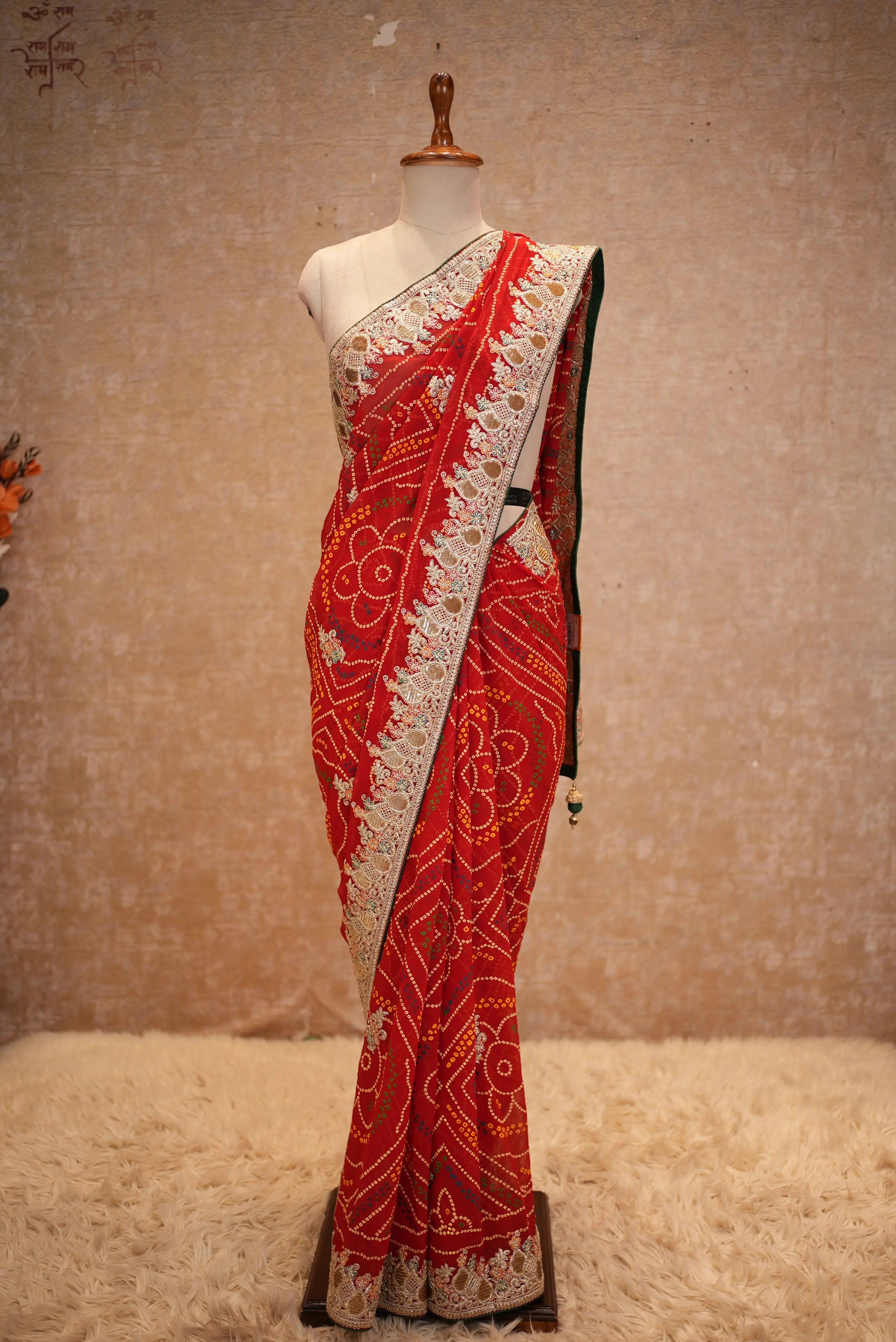 Pila Bandhani Saree with Heavy Zari Embroidery Border