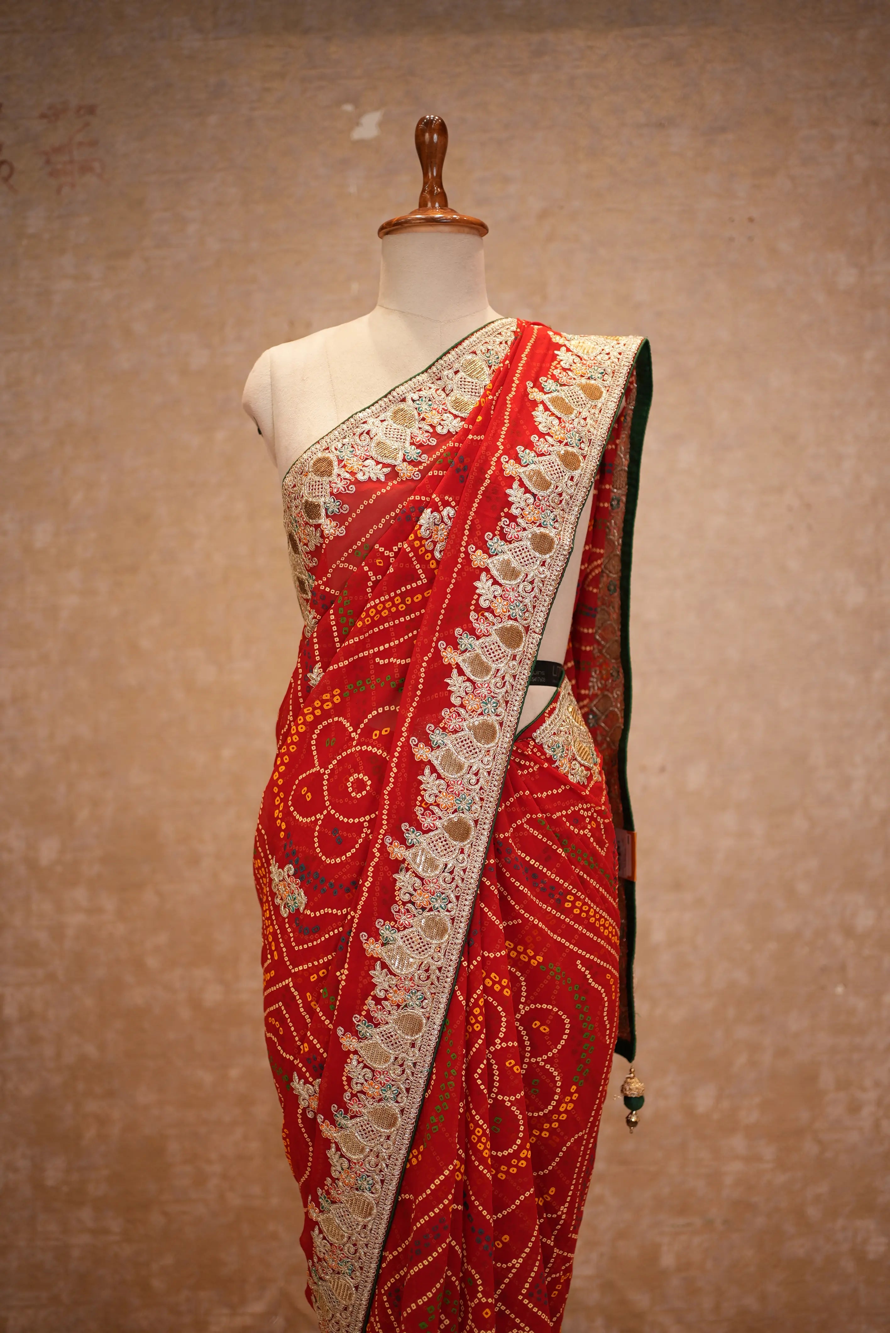 Pila Bandhani Saree with Heavy Zari Embroidery Border