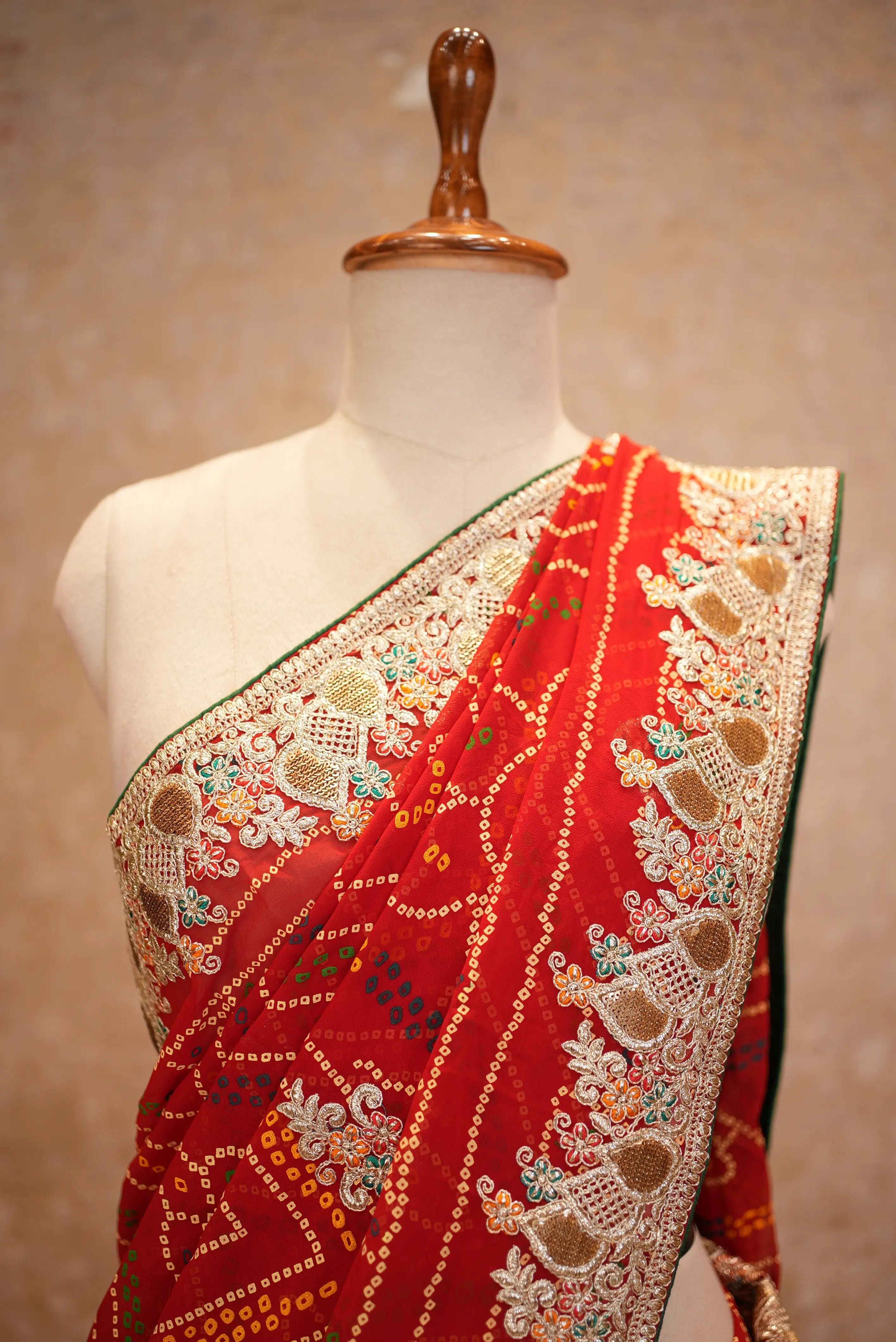 Pila Bandhani Saree with Heavy Zari Embroidery Border