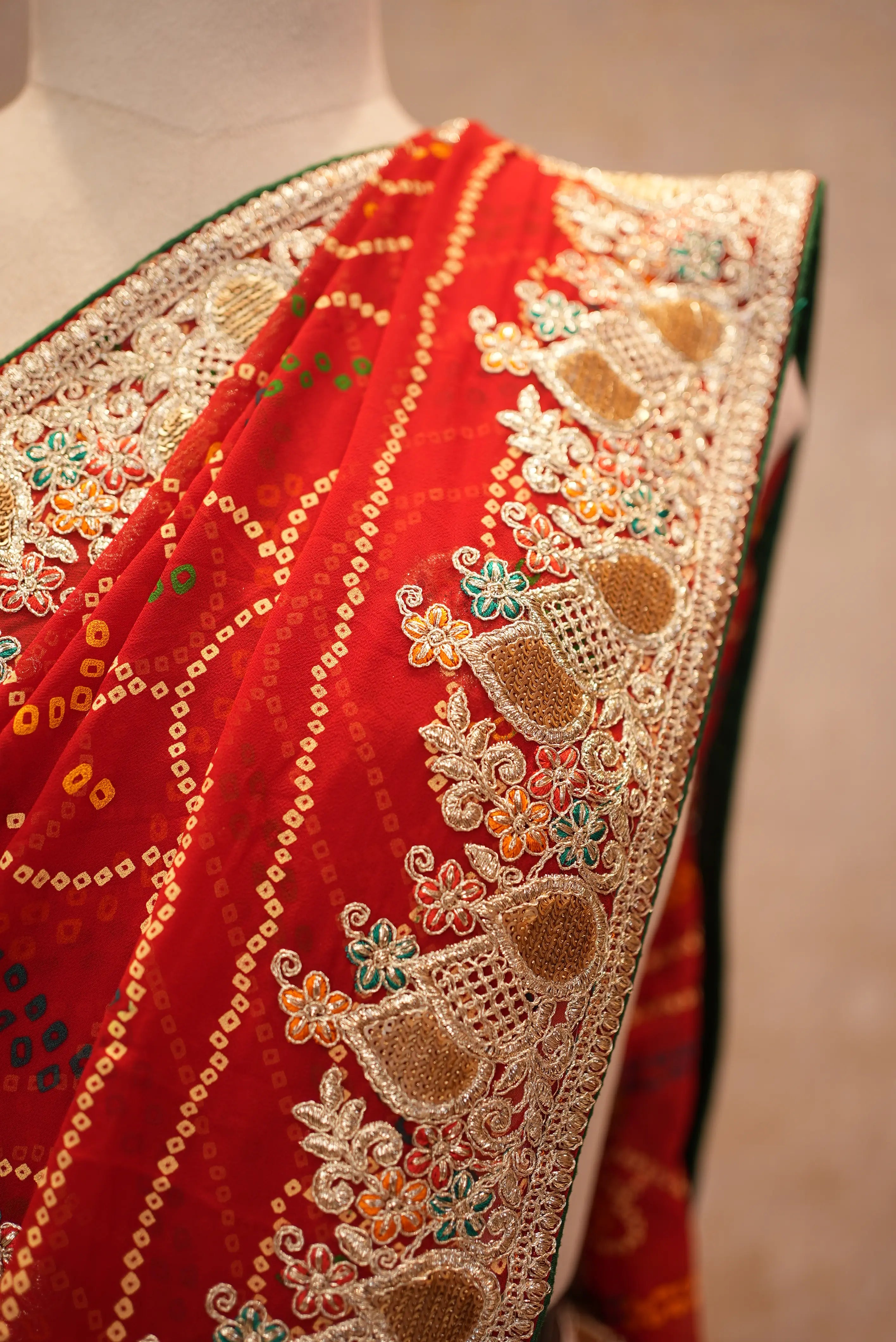 Pila Bandhani Saree with Heavy Zari Embroidery Border