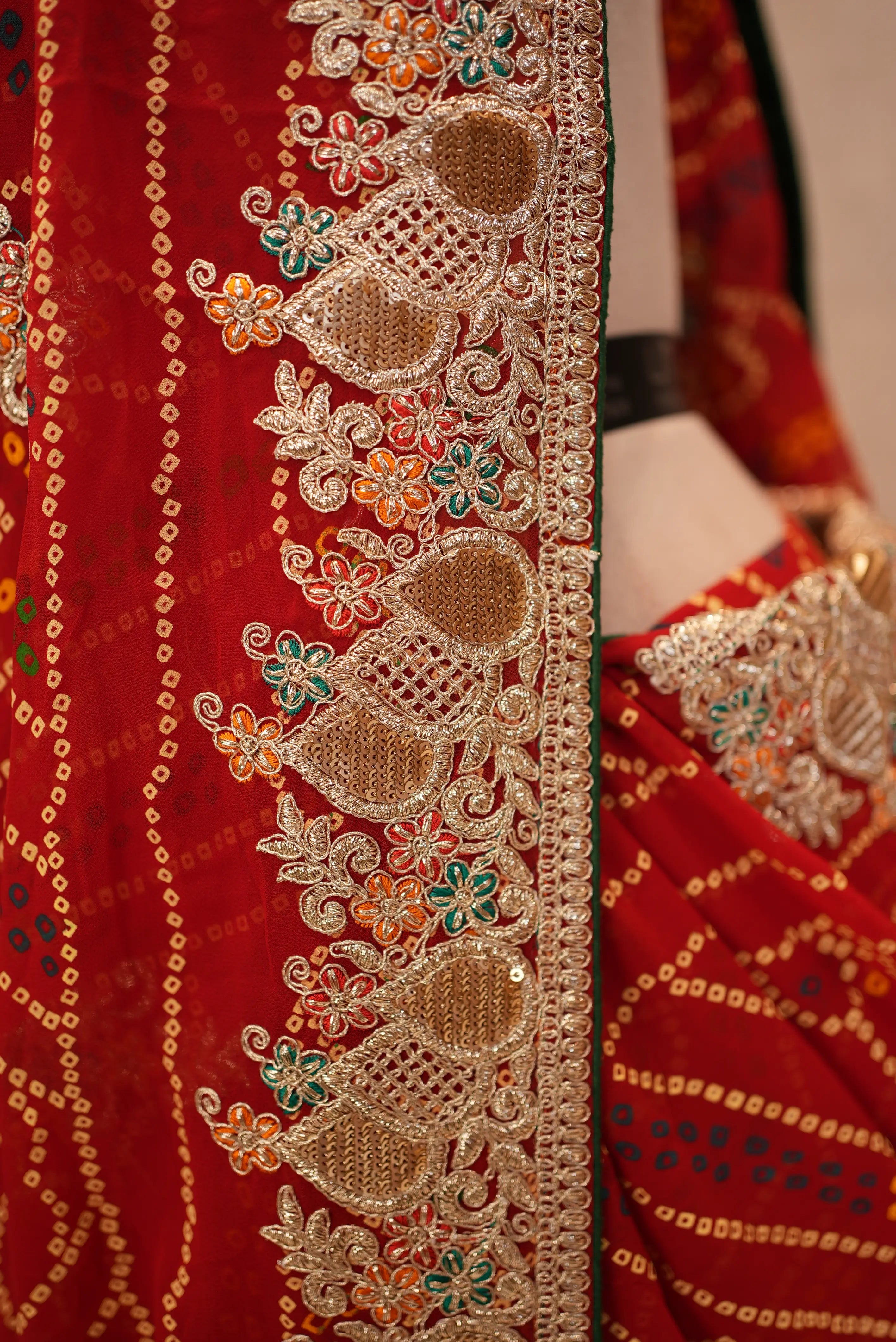 Pila Bandhani Saree with Heavy Zari Embroidery Border