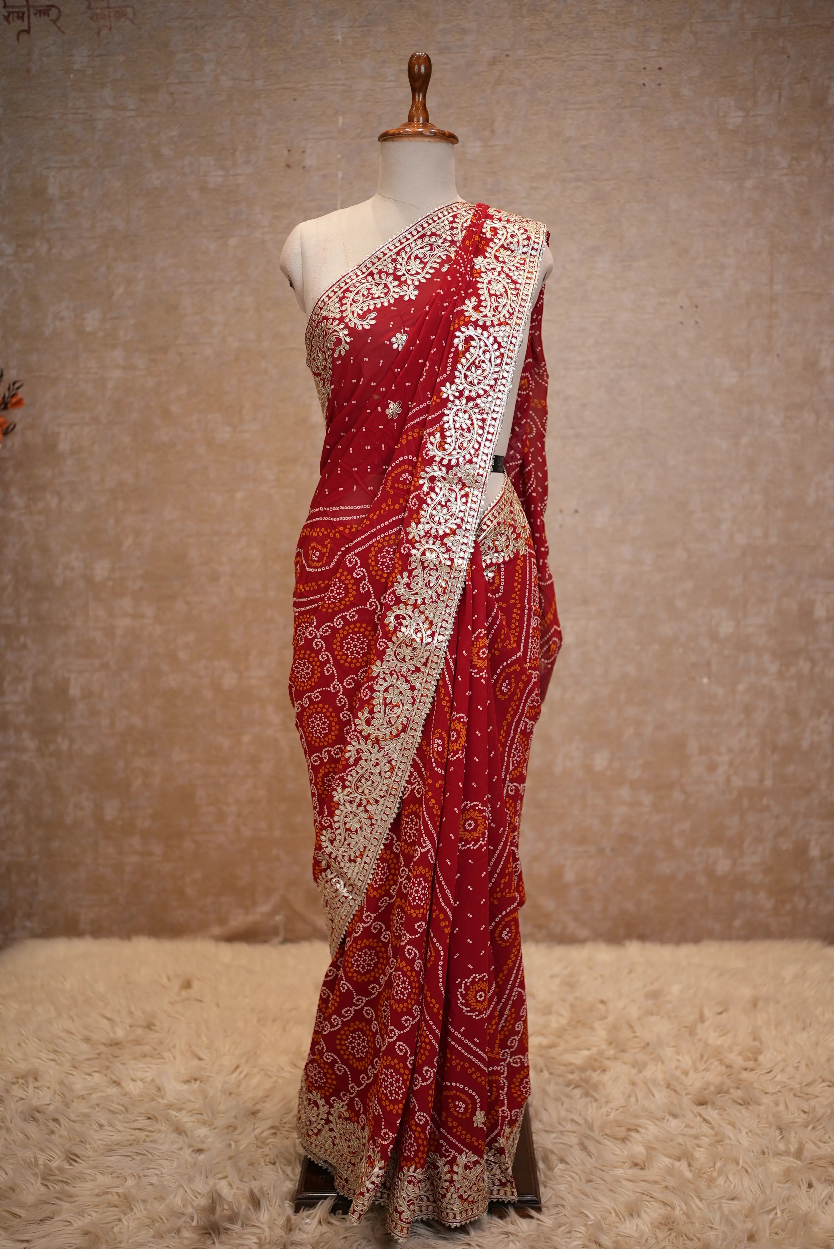Pila Bandhani Saree with Heavy Gota Patti Work