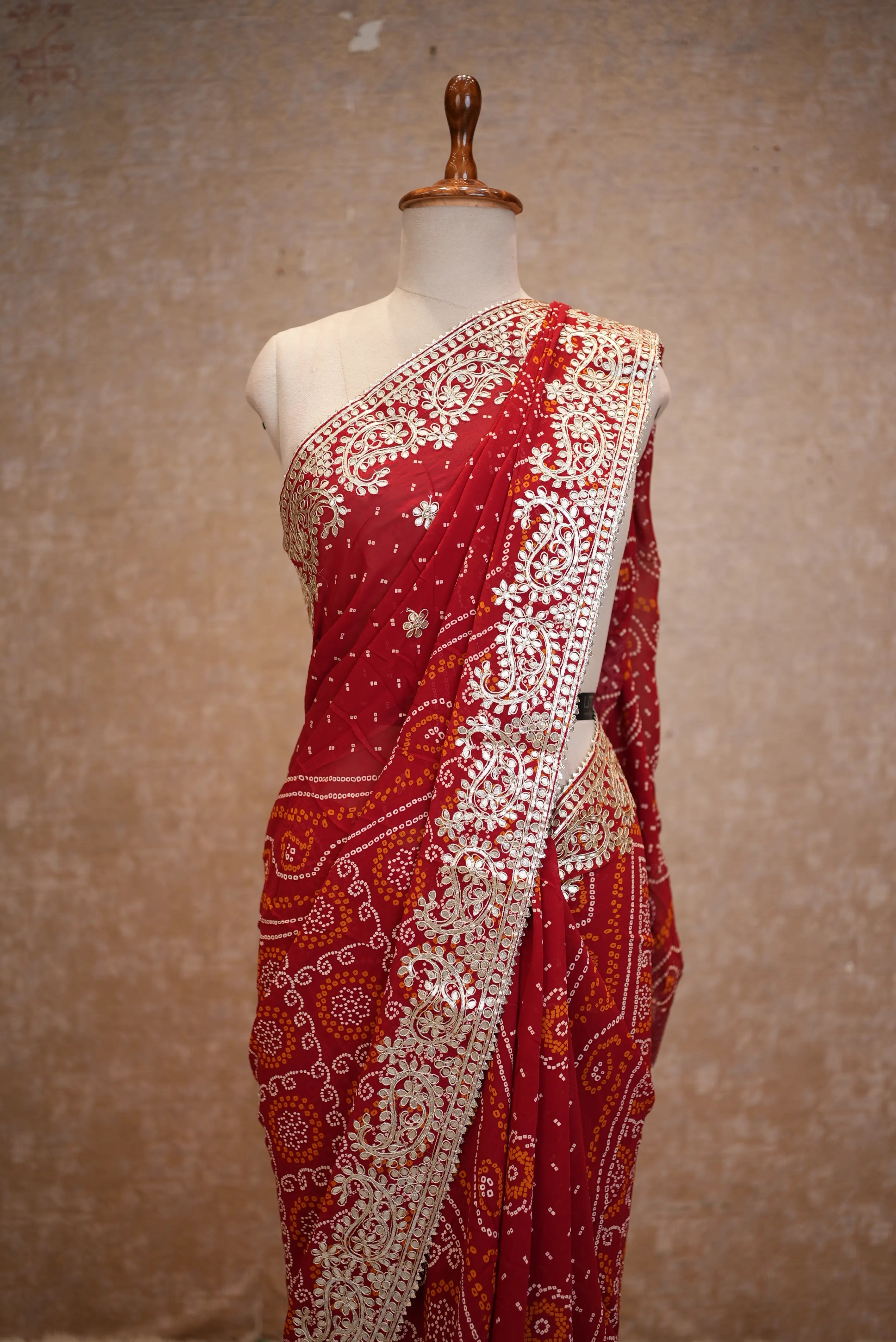 Pila Bandhani Saree with Heavy Gota Patti Work