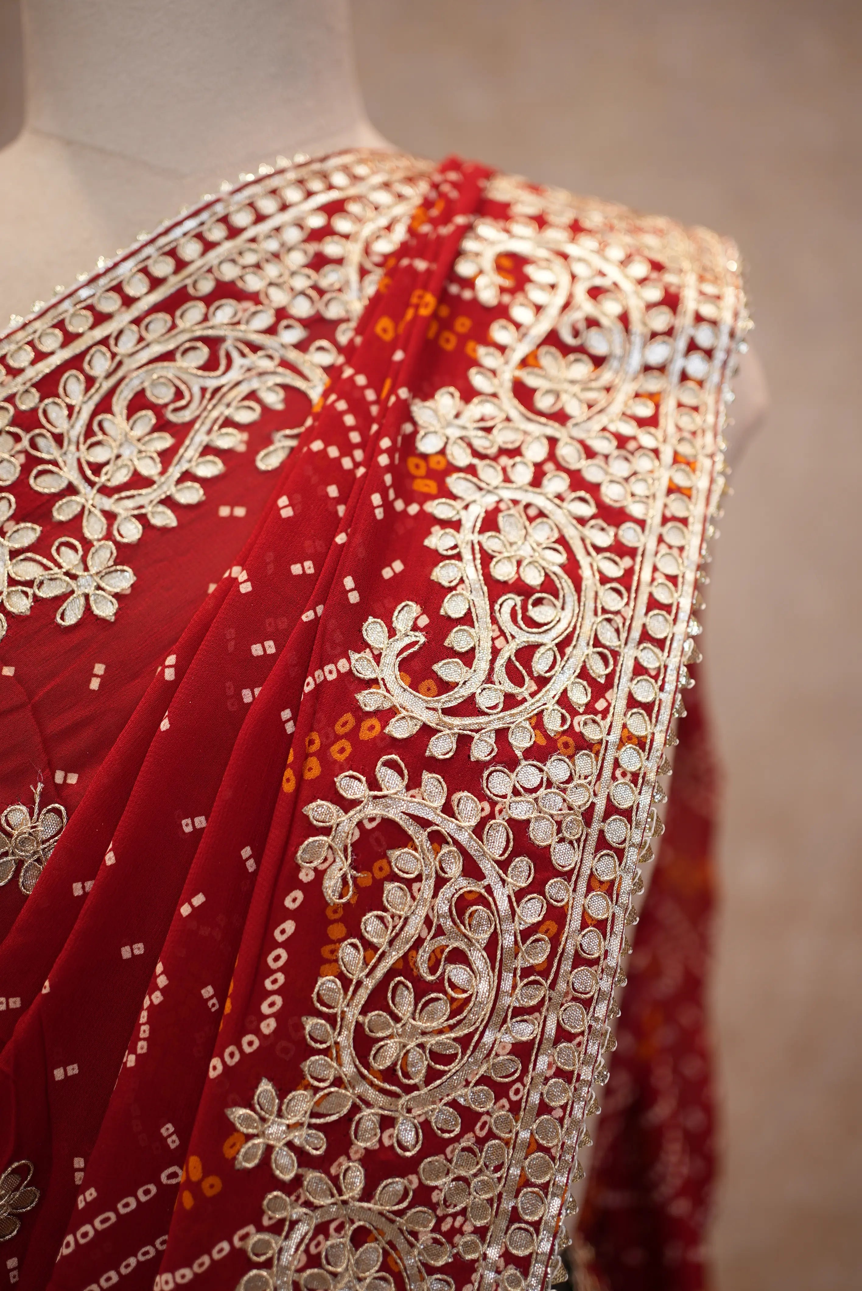 Pila Bandhani Saree with Heavy Gota Patti Work