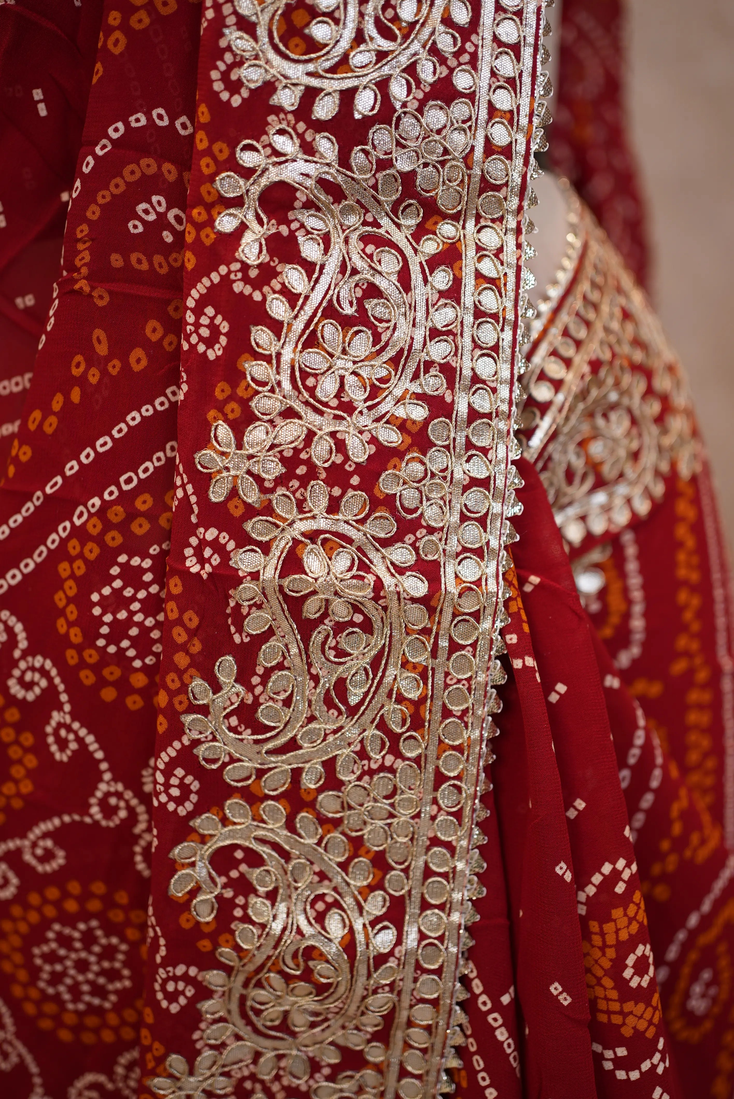 Pila Bandhani Saree with Heavy Gota Patti Work