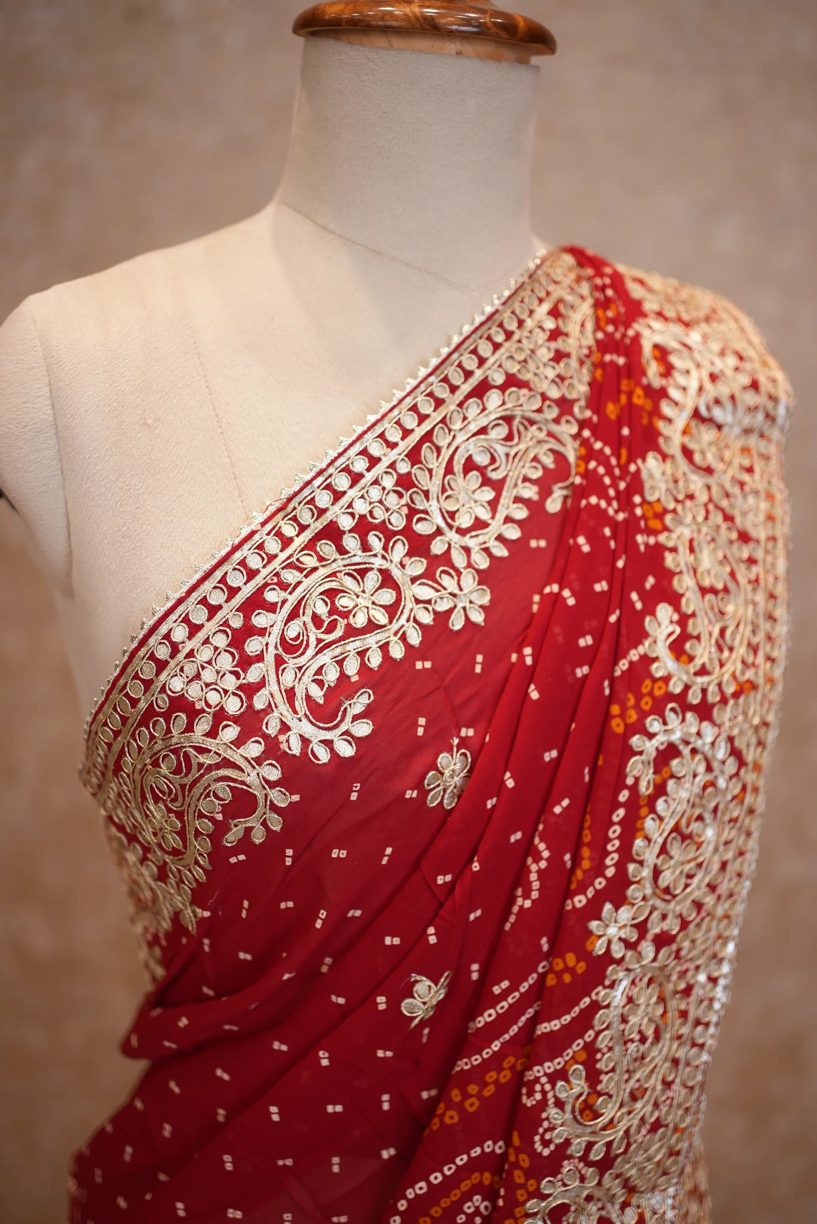 Pila Bandhani Saree with Heavy Gota Patti Work