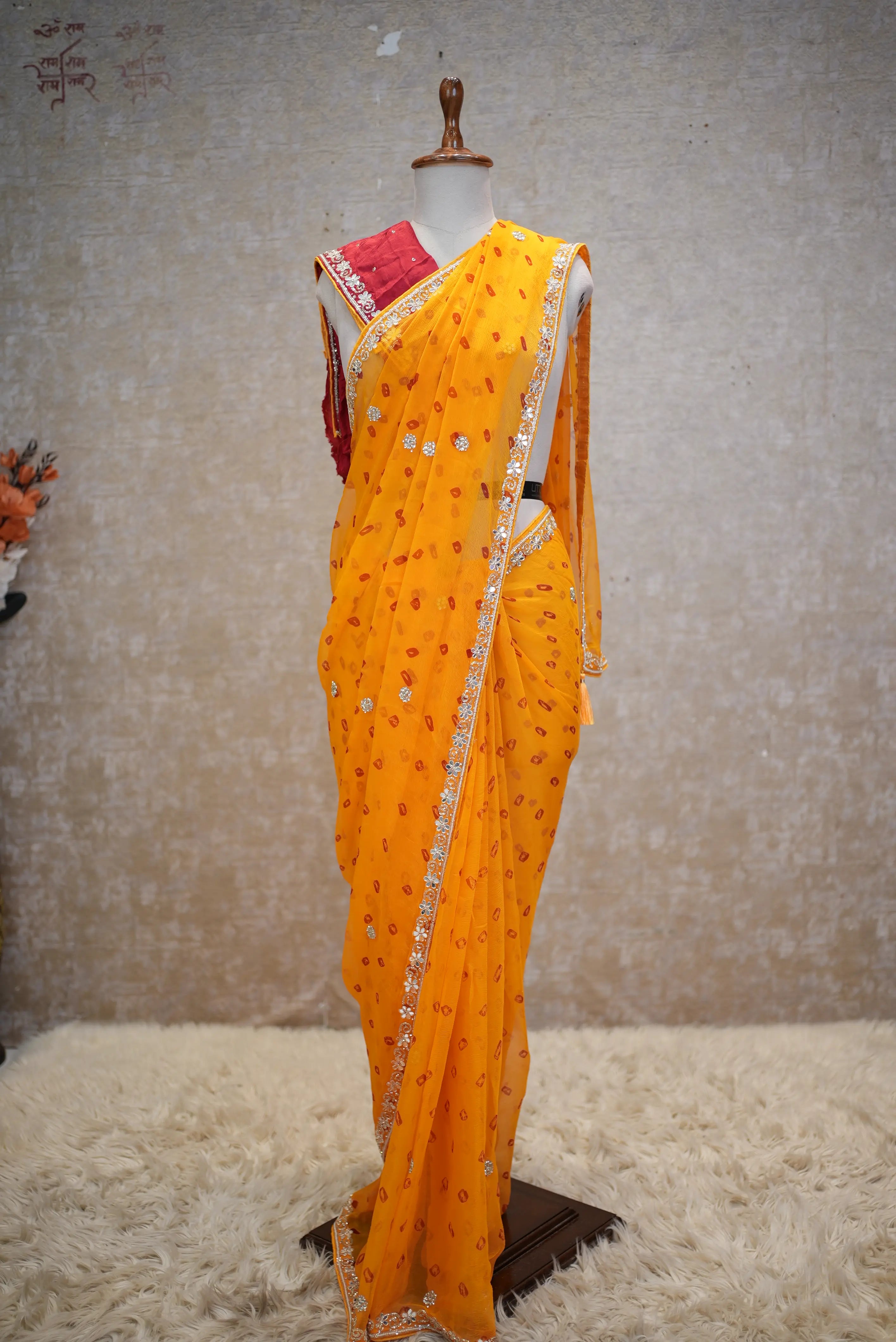 Hand Bandhej Pure Chiffon Saree with Elegant Handwork