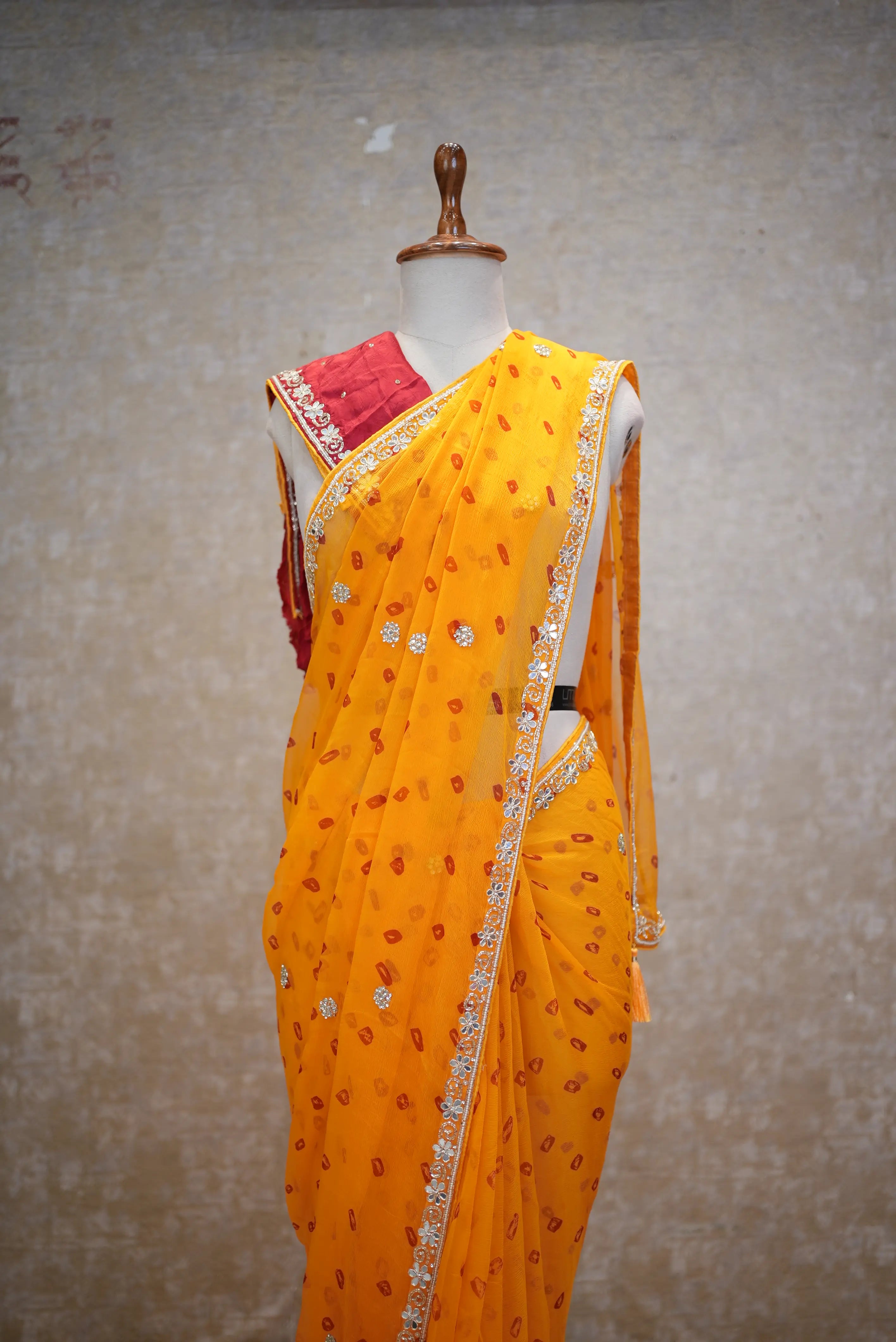 Hand Bandhej Pure Chiffon Saree with Elegant Handwork
