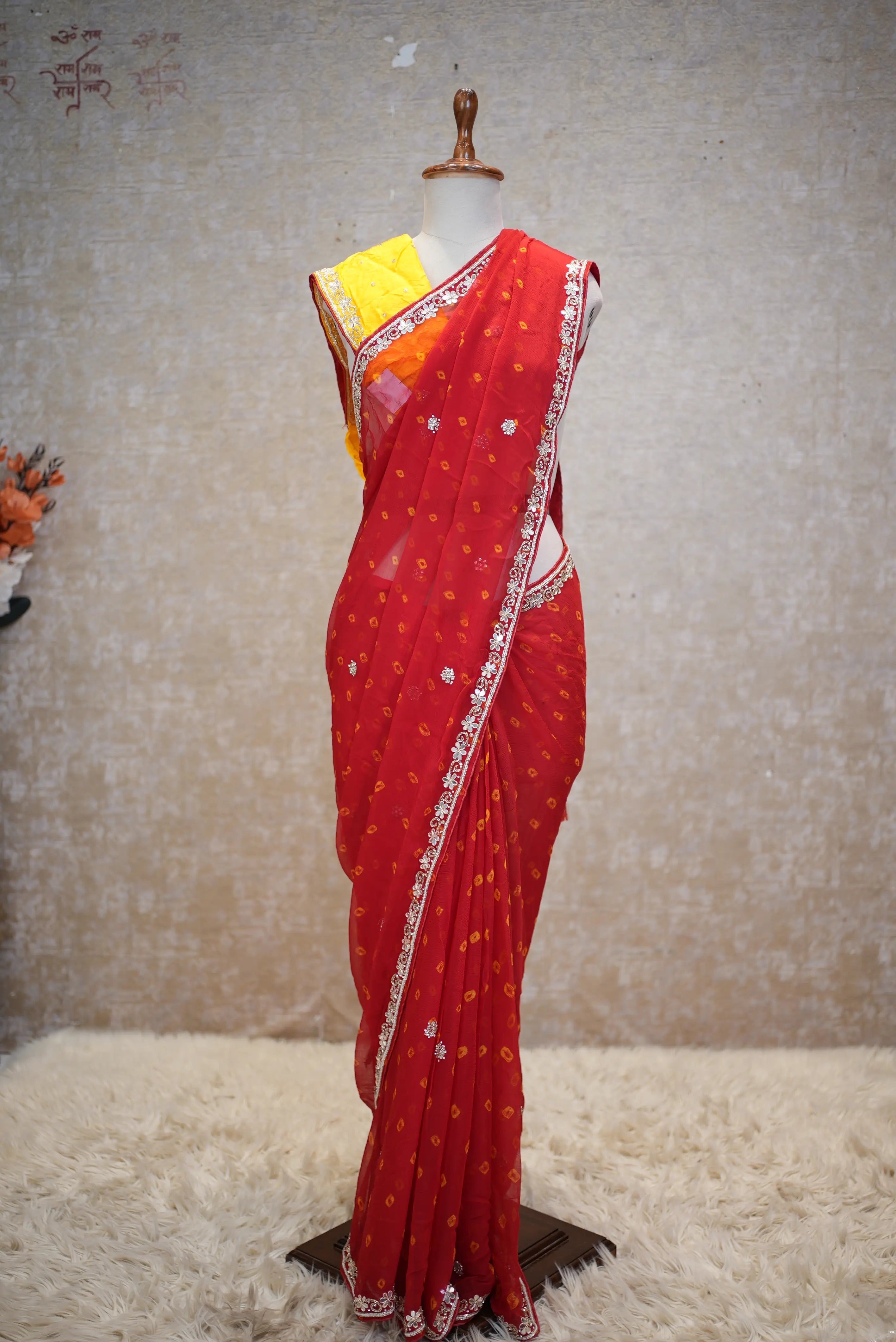 Hand Bandhej Pure Chiffon Saree with Elegant Handwork