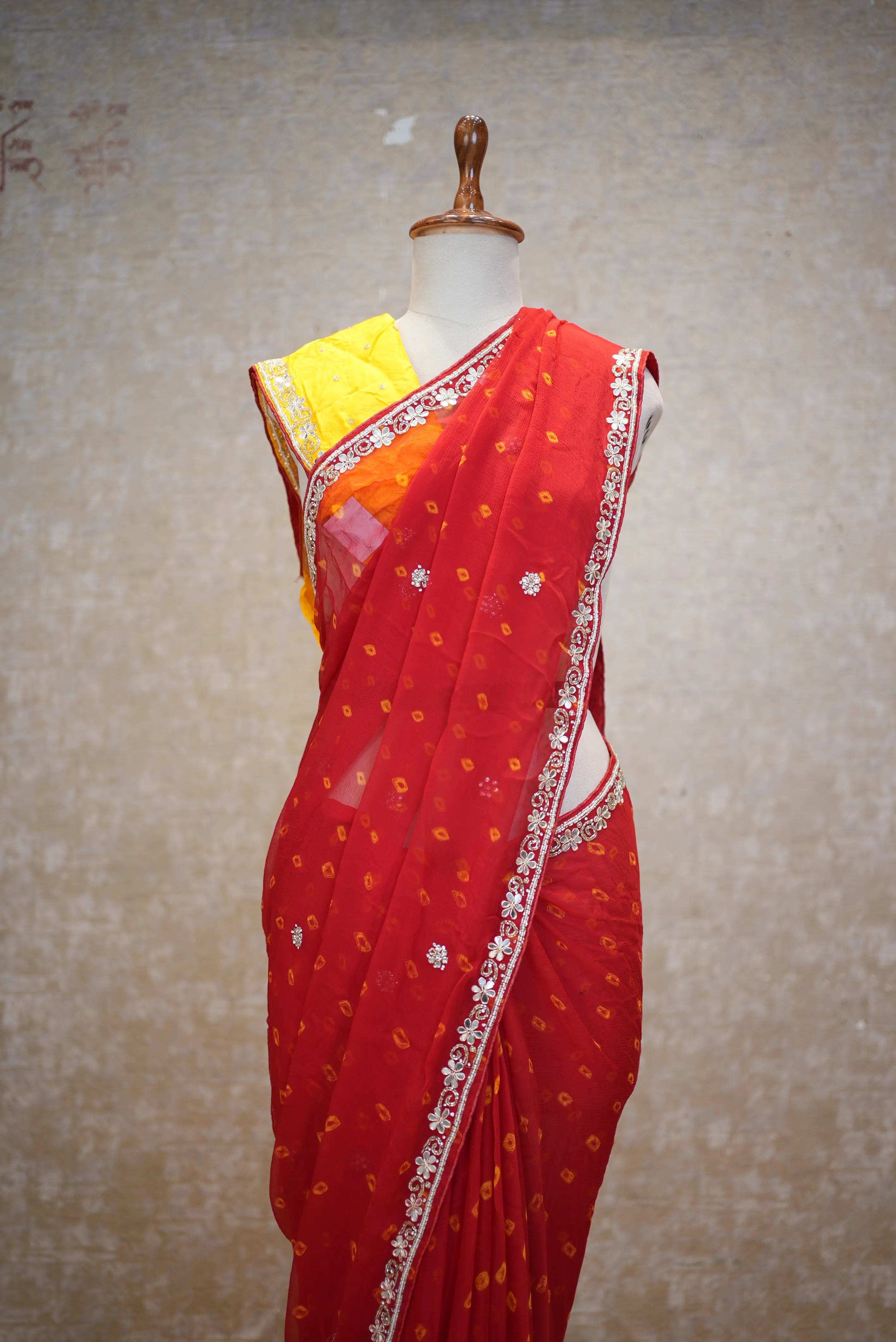 Hand Bandhej Pure Chiffon Saree with Elegant Handwork