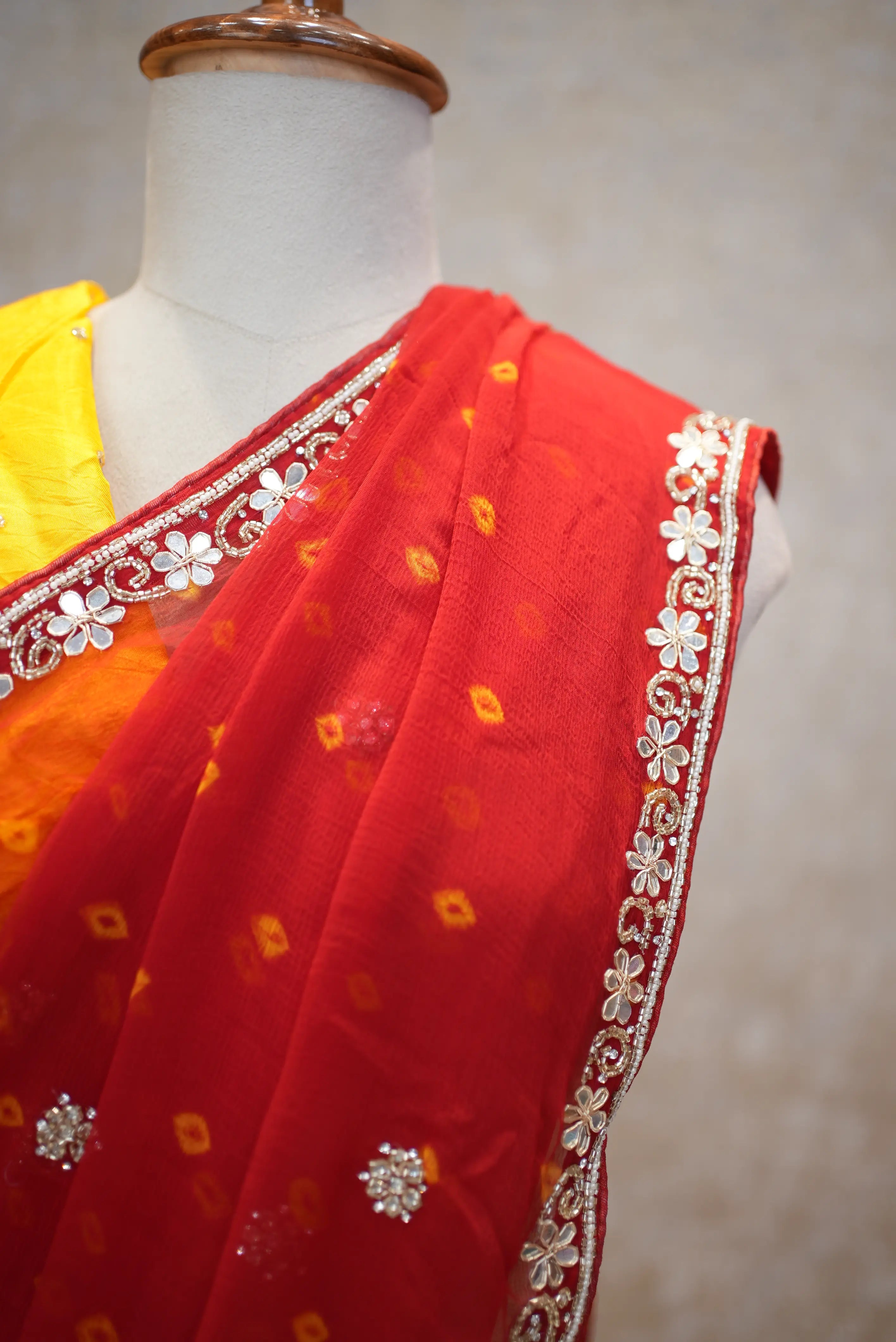 Hand Bandhej Pure Chiffon Saree with Elegant Handwork