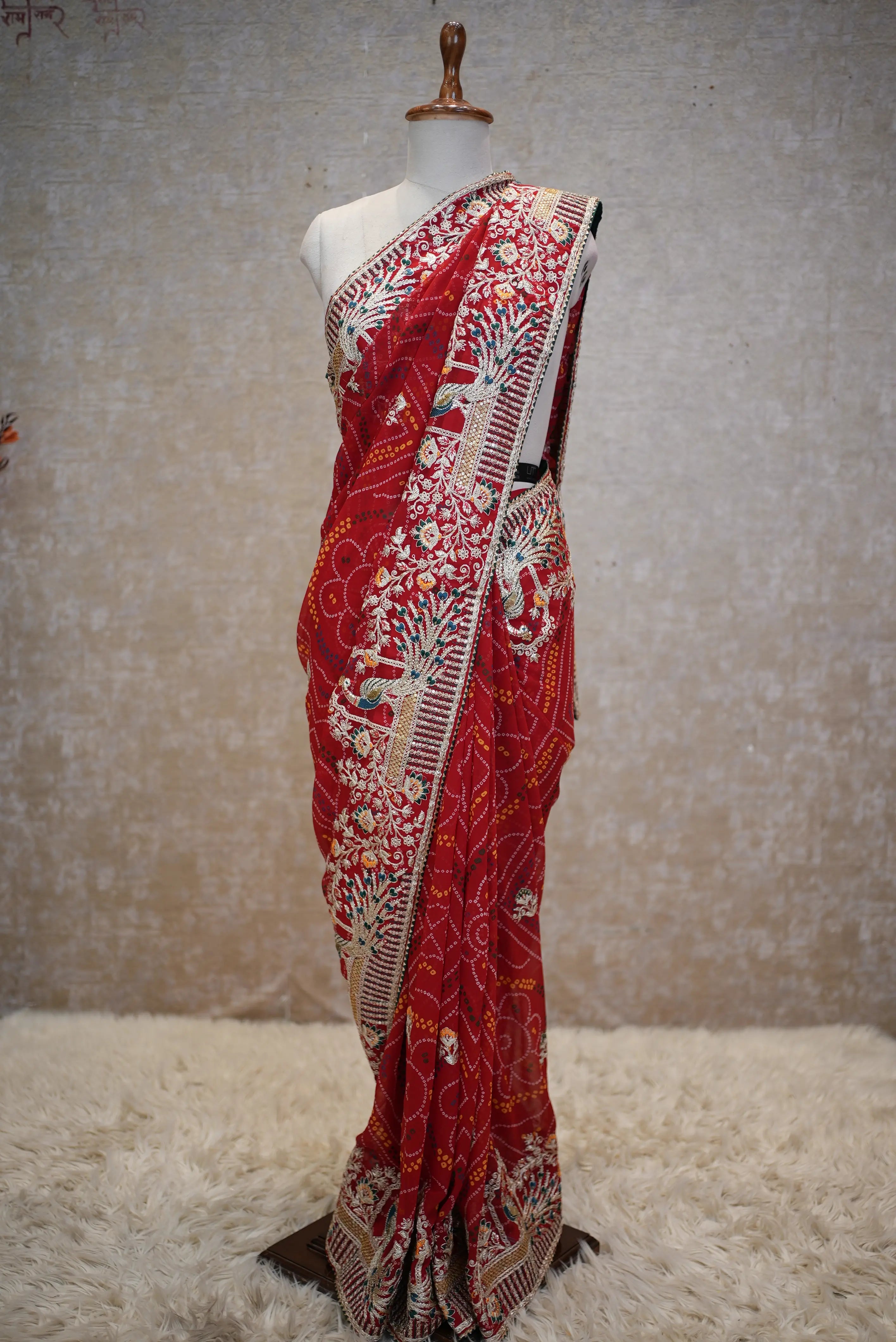 Red Bandhani Saree with Designer Peacock Embroidery Border