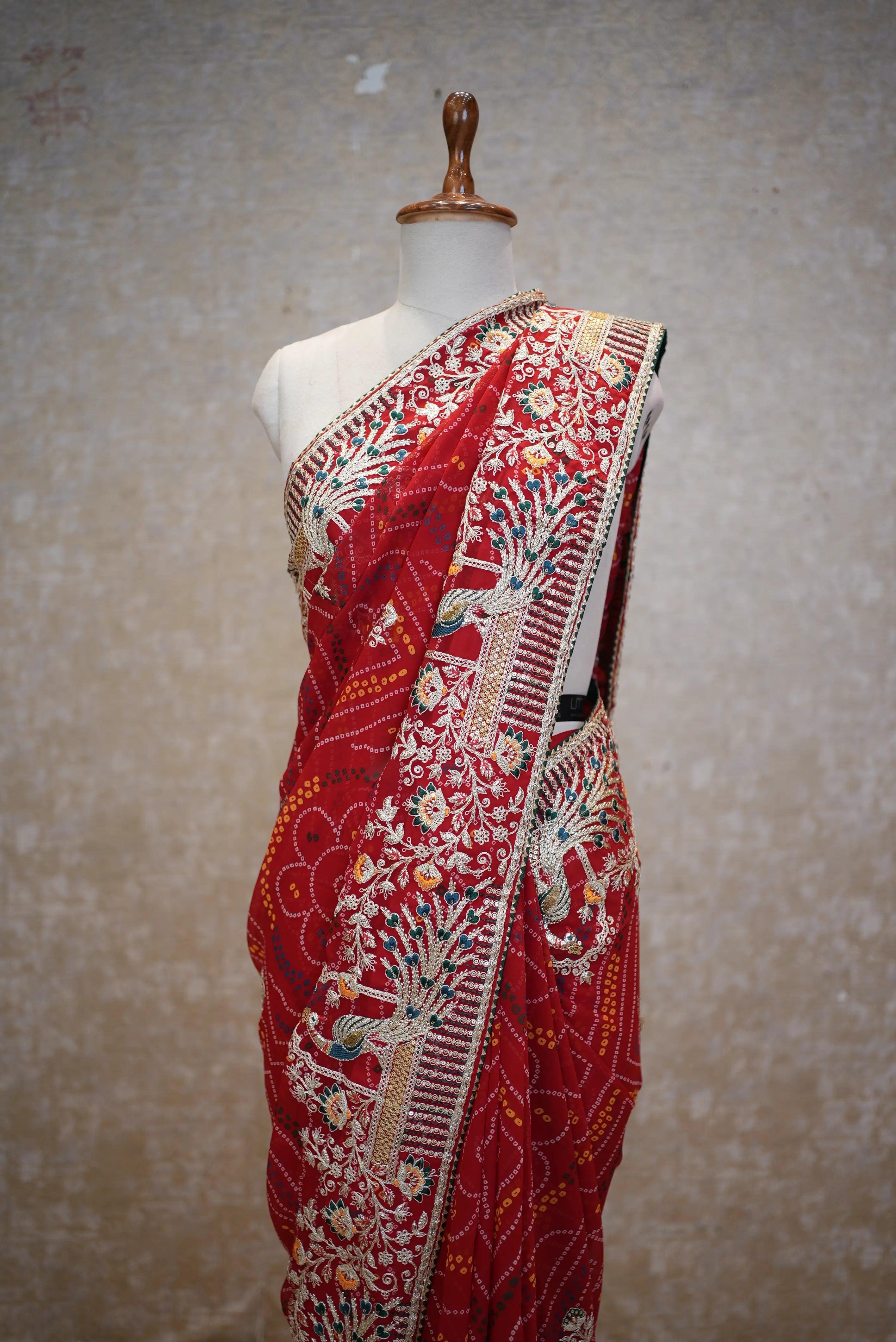 Red Bandhani Saree with Designer Peacock Embroidery Border
