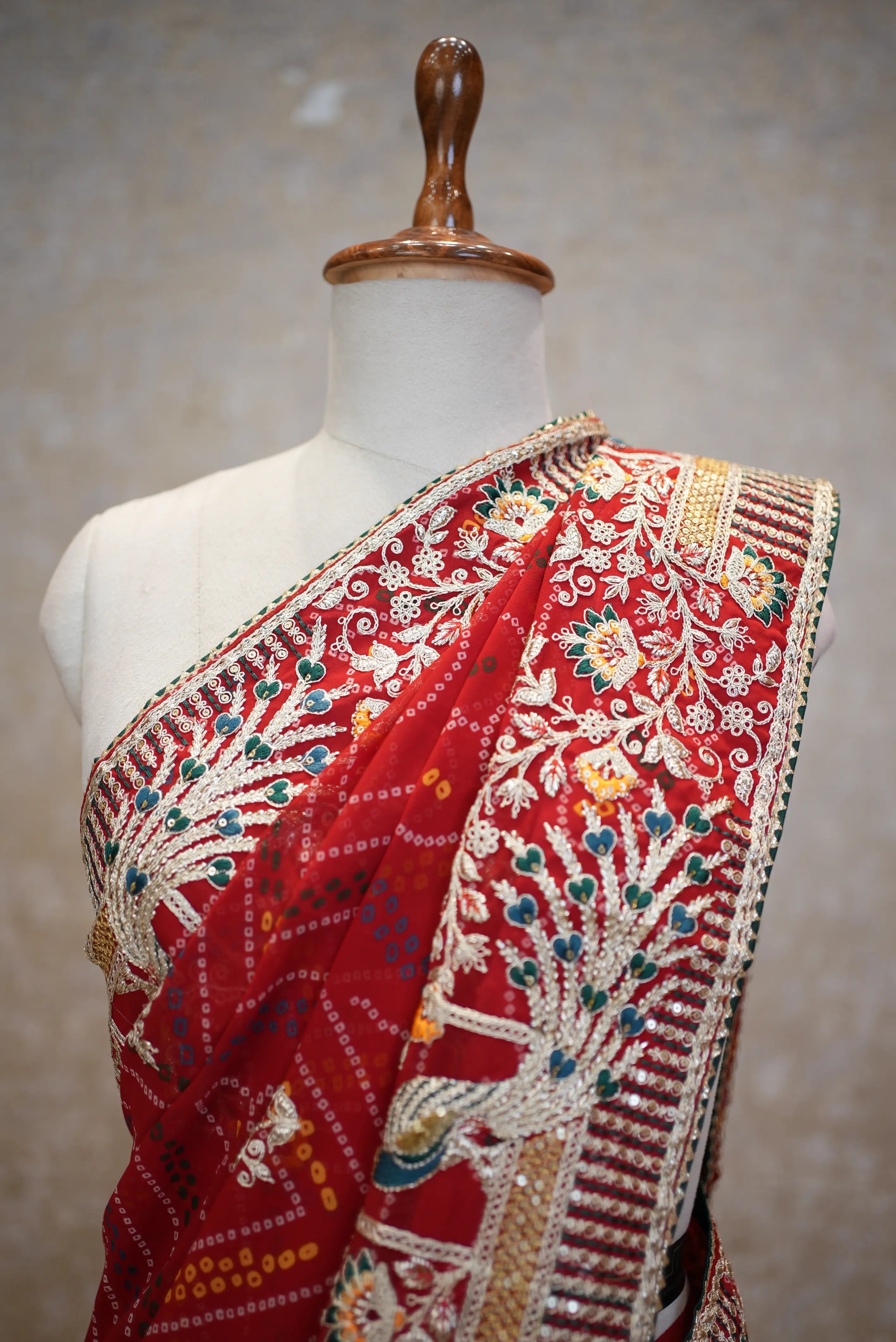 Red Bandhani Saree with Designer Peacock Embroidery Border