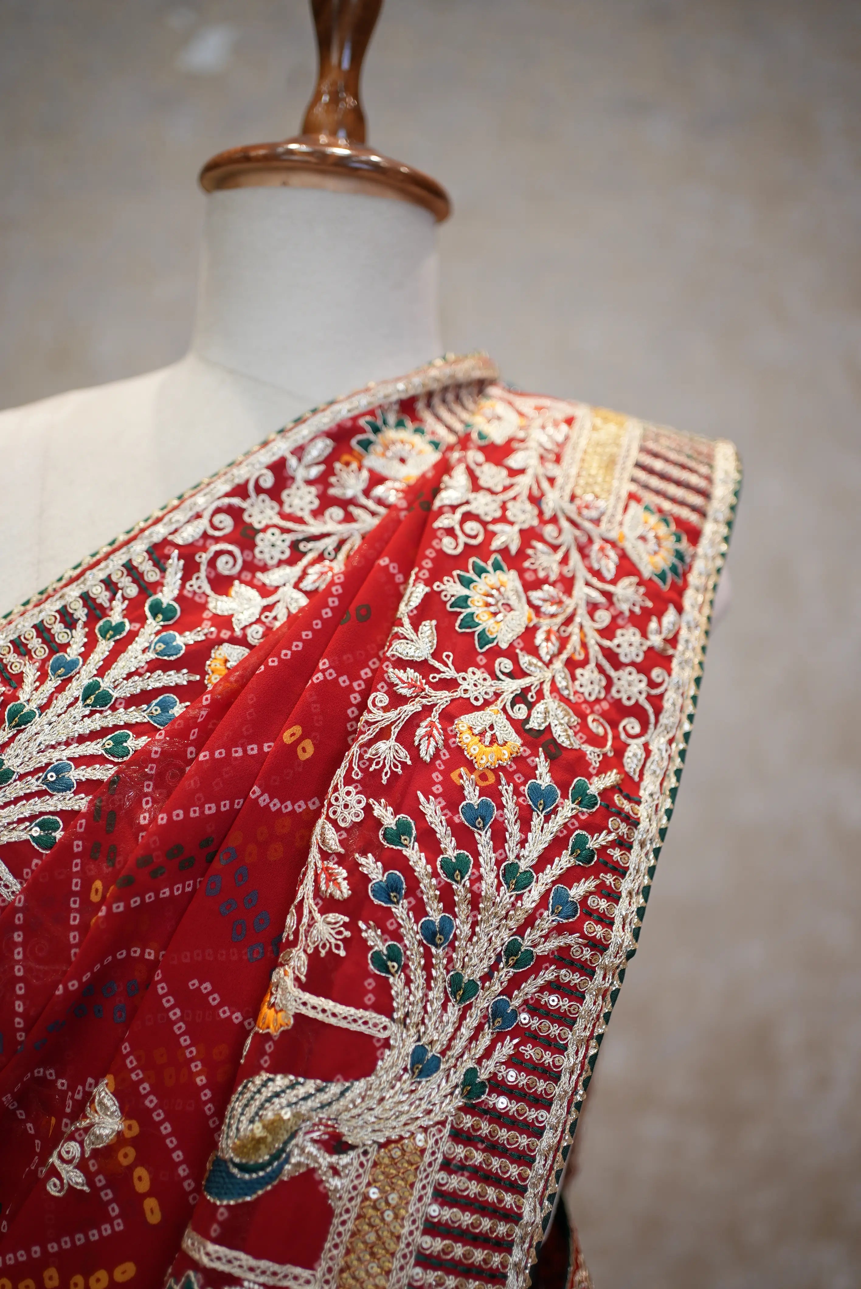 Red Bandhani Saree with Designer Peacock Embroidery Border