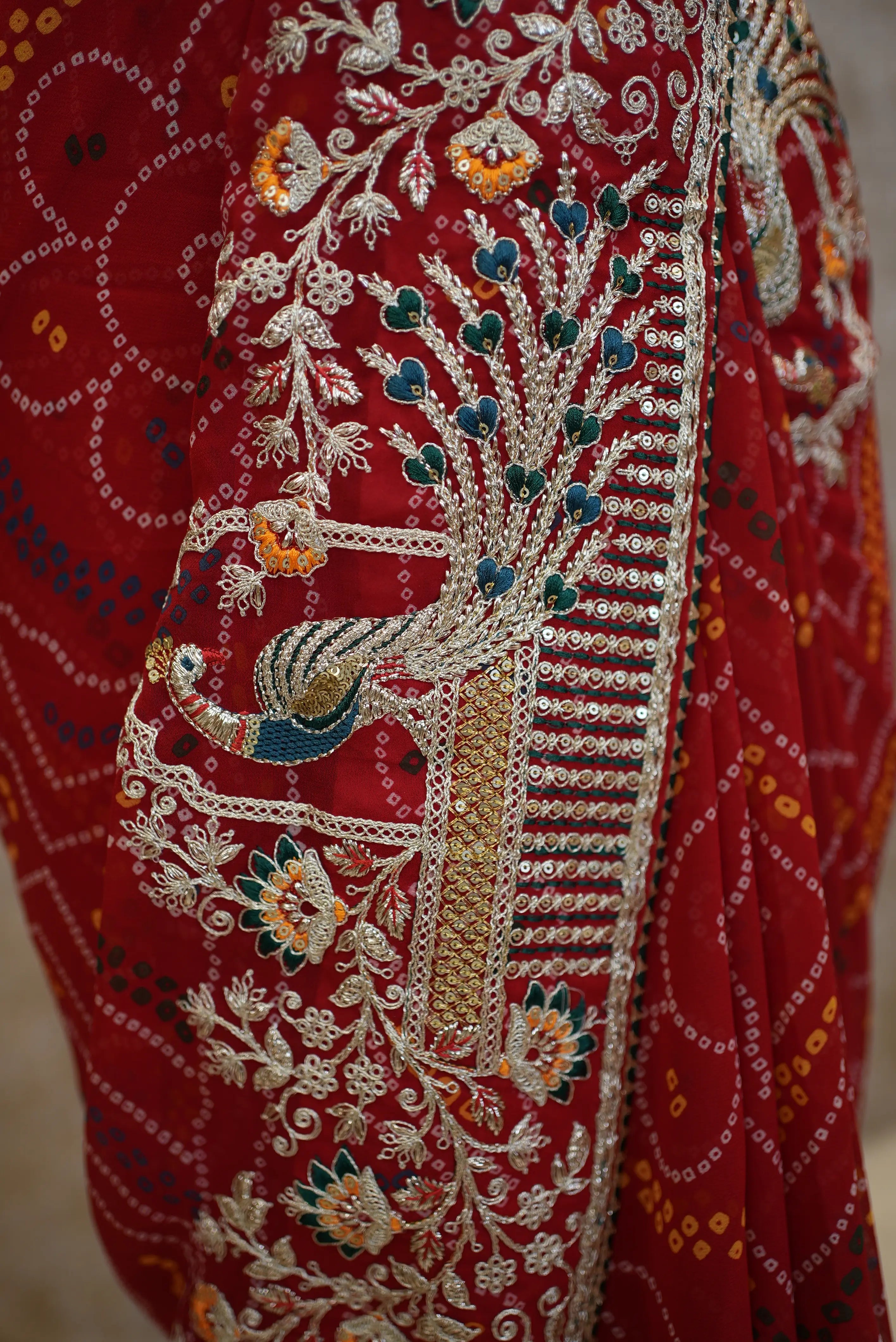 Red Bandhani Saree with Designer Peacock Embroidery Border