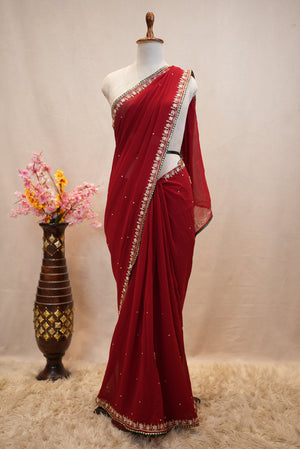RED COLOUR SPECIAL HANDWORK SAREE WITH ZARDOSI WORK ON GEORGETTE FABRIC (WITH BLOUSE) ##SR575