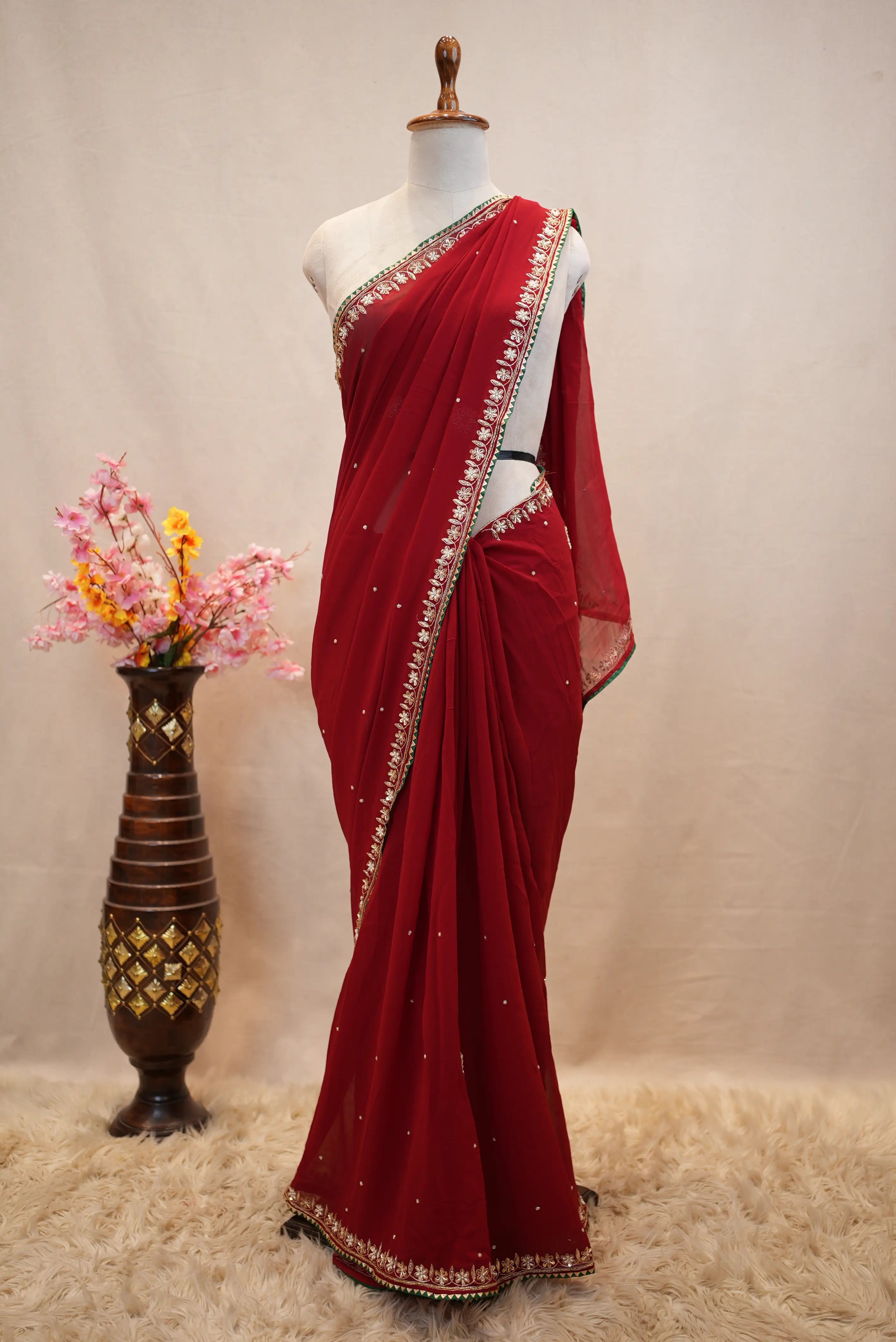 Red Georgette Saree with Zardosi Handwork (With Blouse)