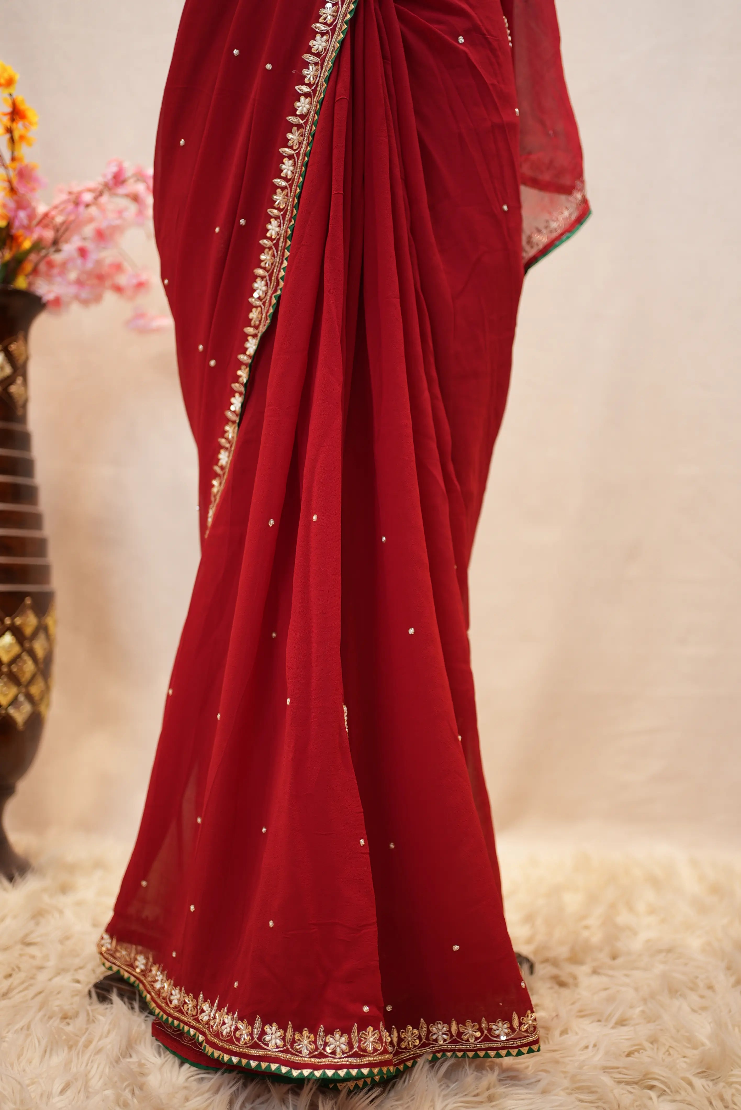 Red Georgette Saree with Zardosi Handwork (With Blouse)