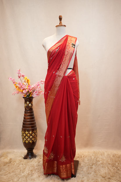 SHIMMER CHIFFON FABRIC SAREE WITH HEAVY ZARI BORDER & SEQUENCE WORK BUTA (WITH BLOUSE)  ##SR559