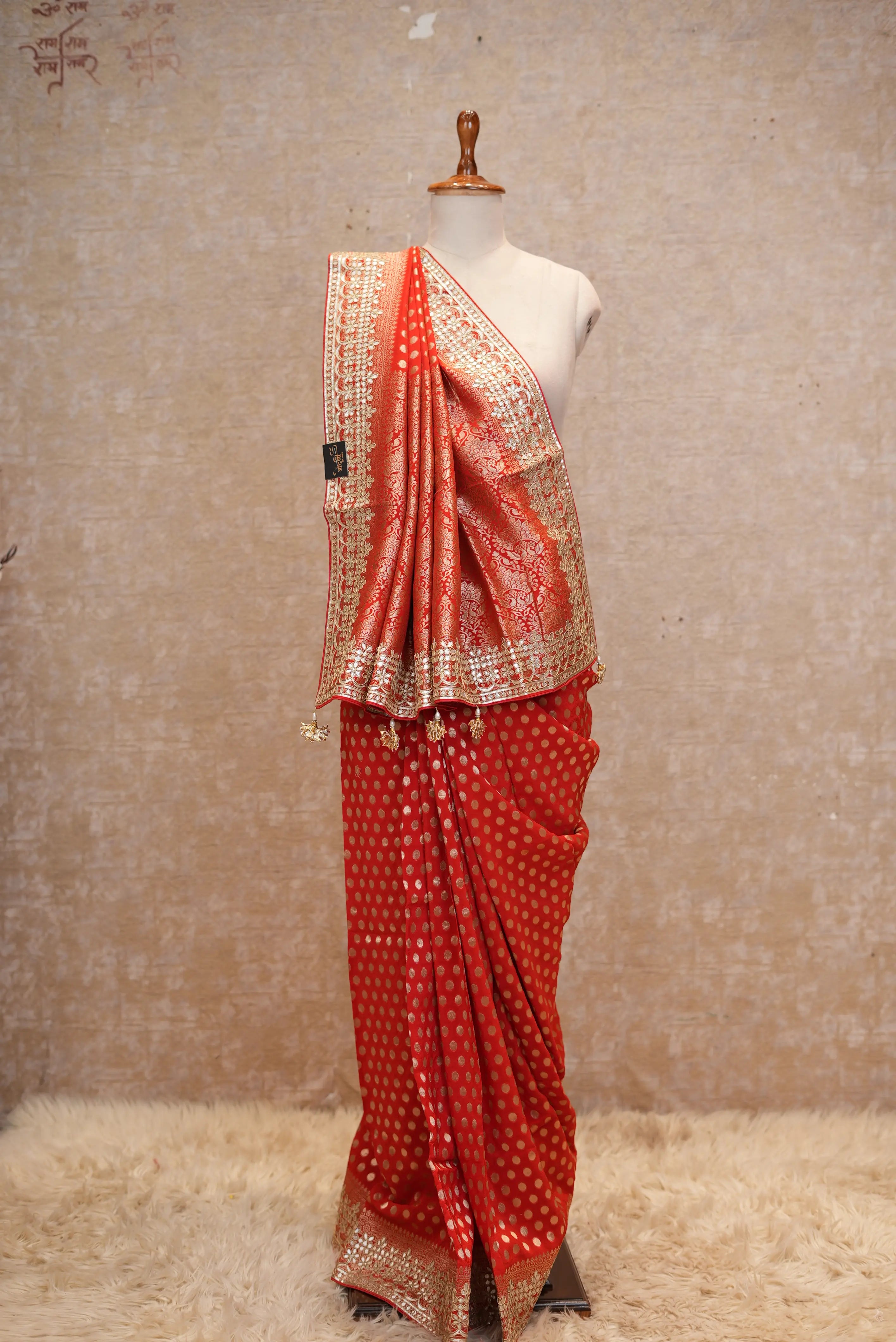 Royal Red Banarasi Style Saree with Golden Zari Work & Elegant Border