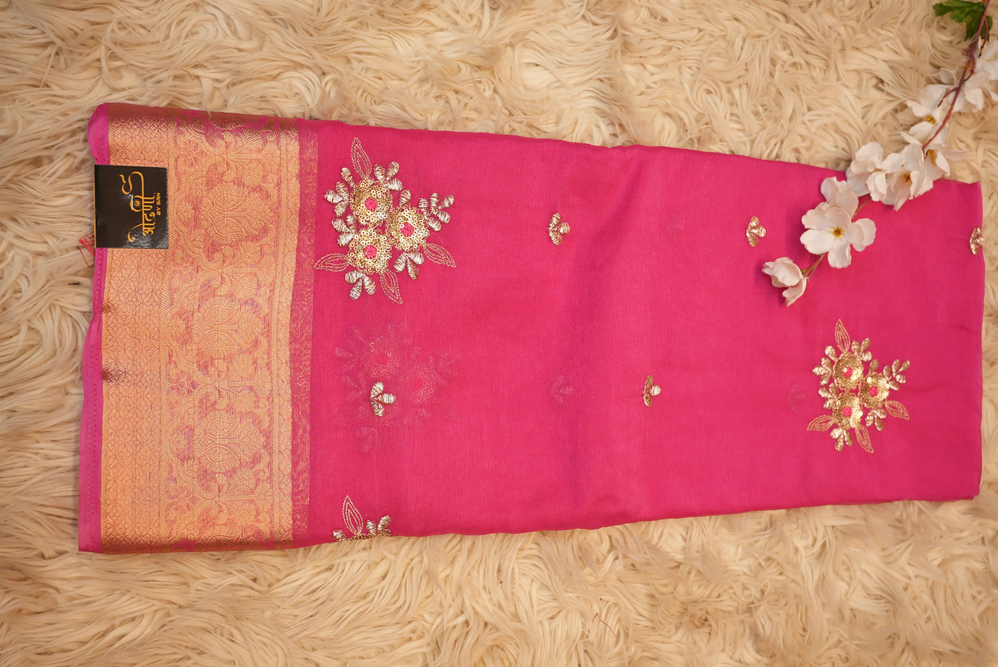 Shimmer Chiffon Saree with Zari Border & Sequin Work (With Blouse