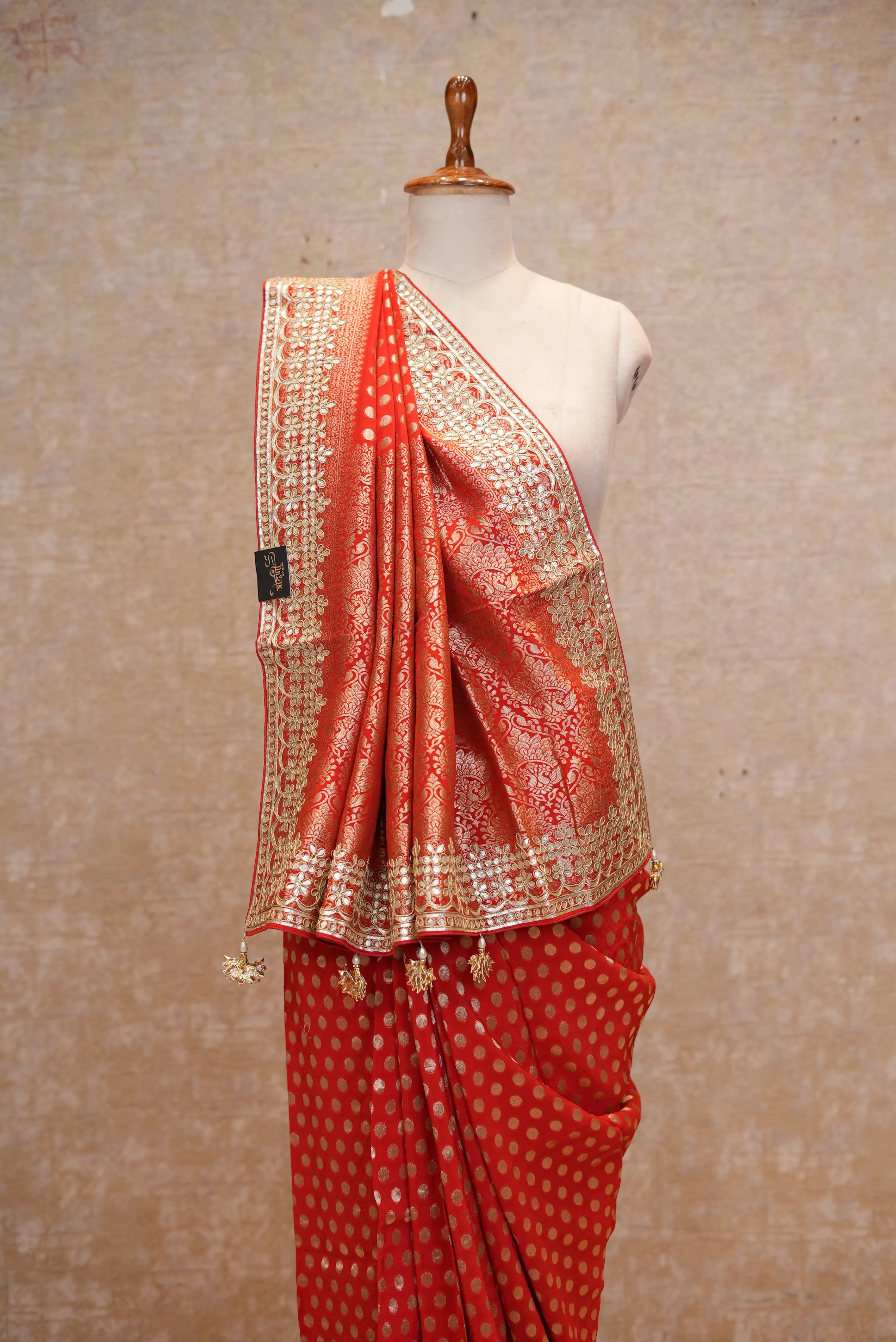 Royal Red Banarasi Style Saree with Golden Zari Work & Elegant Border