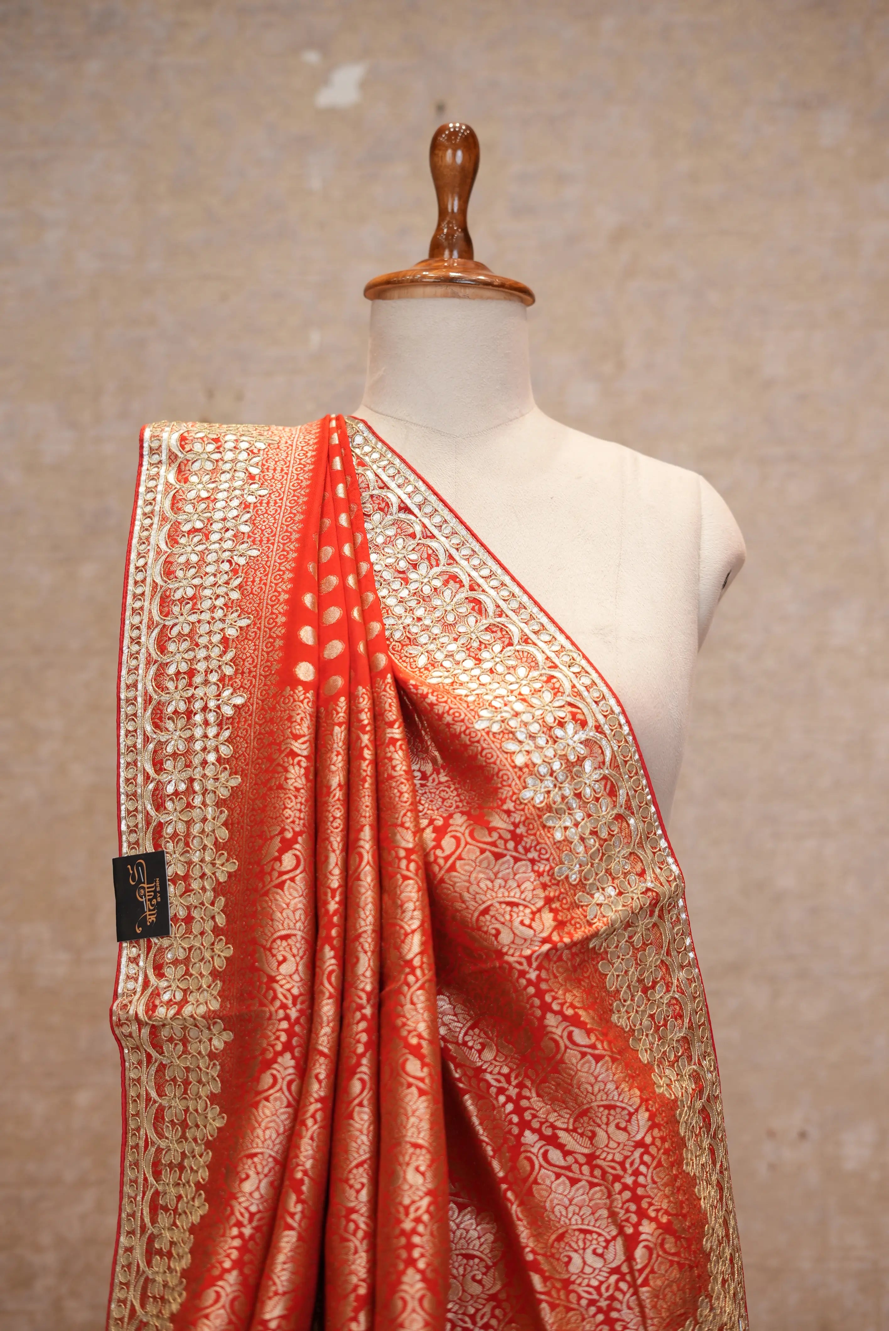 Royal Red Banarasi Style Saree with Golden Zari Work & Elegant Border