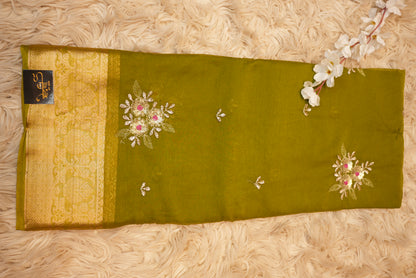 SHIMMER CHIFFON FABRIC SAREE WITH HEAVY ZARI BORDER & SEQUENCE WORK BUTA (WITH BLOUSE)  ##SR559